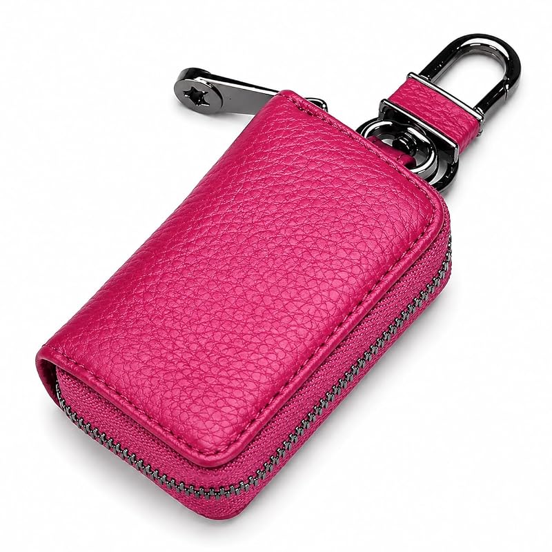 Estojo para Chave Automotiva em Couro Legítimo Luckybay com Zíper e Mosquetão Rosa-choque