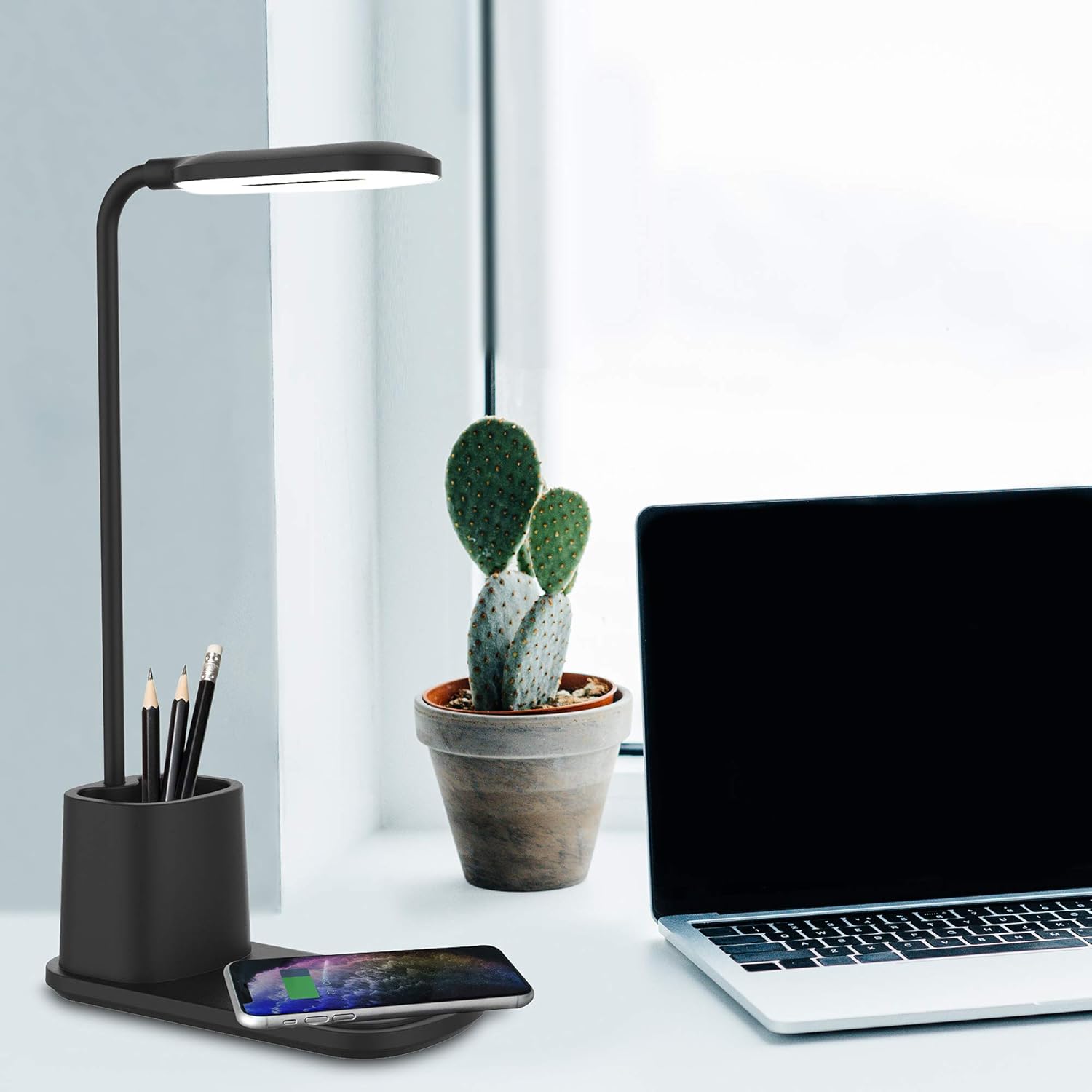 Black Adjustable LED Desk Lamp with Wireless Charger and Organizer