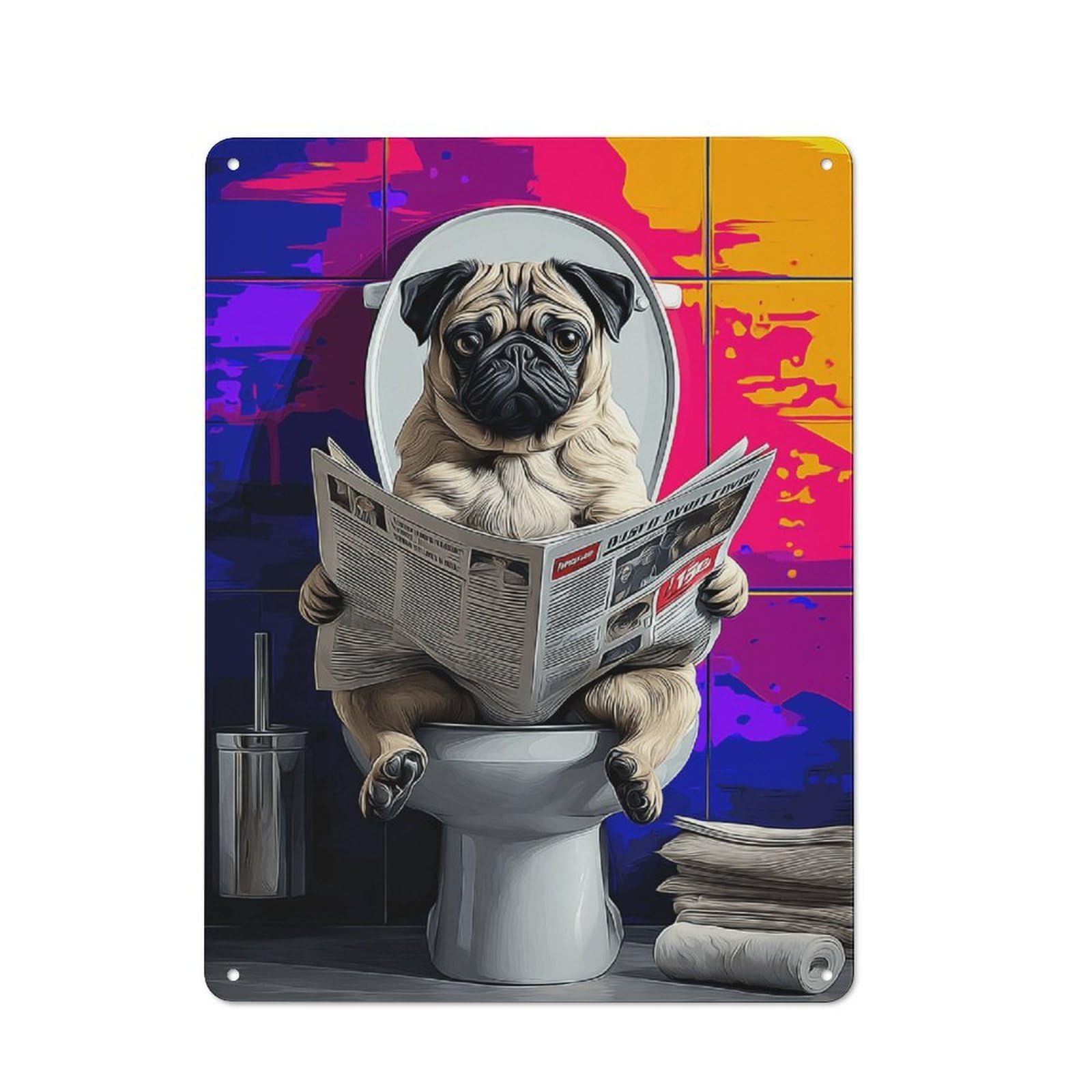 Junmoney Pug Reading Newspaper On Toilet Tin Sign 40X30cm With For Home Bar Wall, Vintage Decor, Wall Decoration For A Recently Updated Home Bar
