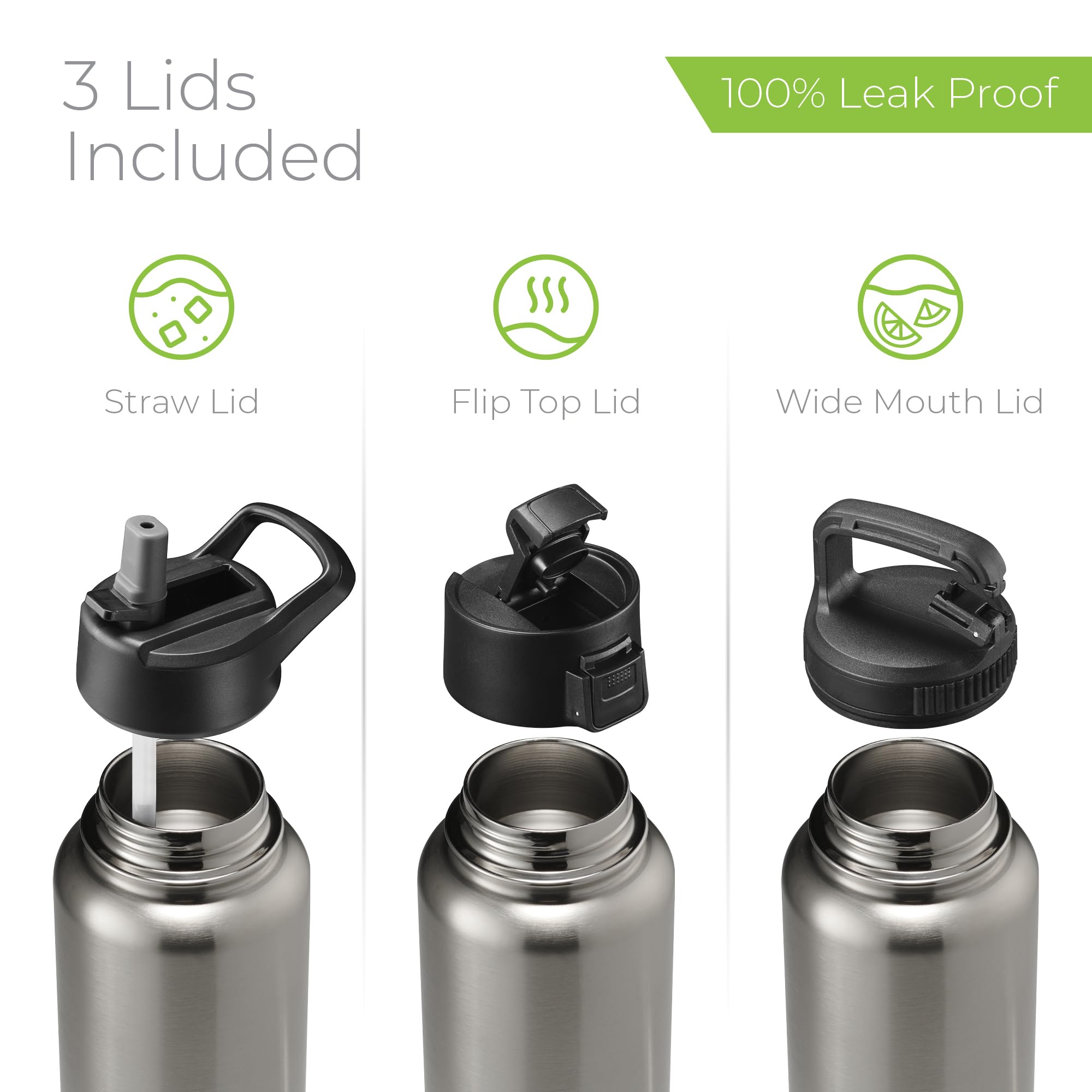 SipX™ 3-fach isolierte Edelstahl Trinkflasche 1,134.0 g mit 3 Deckeln, BPA-Frei, wiederverwendbare isolierte Wasserflasche hält 24 Stunden kalt, Metall-Wasserflasche aus nachhaltigem Material für