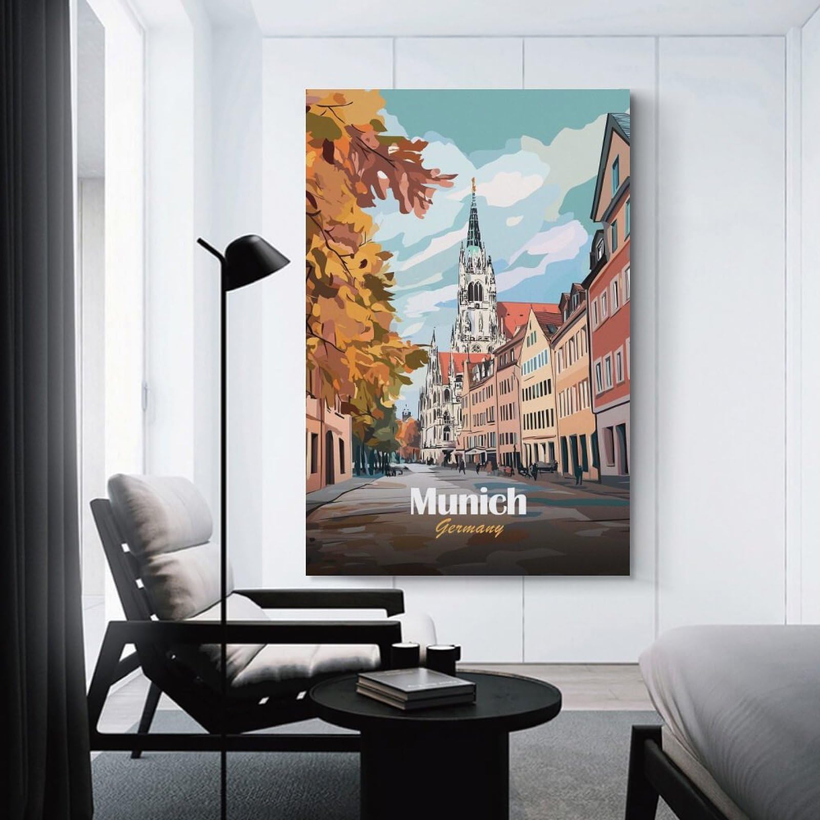 Junmoney Munich Cityscape Illustration Decorative Wall Artwork, 20x30inch(50x75cm), for Work Areas, Reading Rooms Or Studios, Wall Art That Adds Style to Work Areas