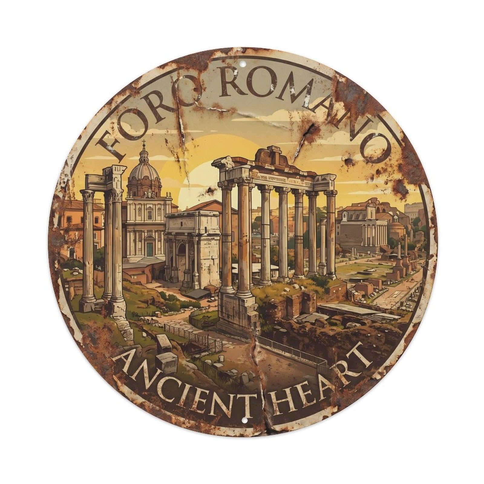 Vintage Travel Roman Forum Ruins 1 Metal Tin Sign Plaque Wall Decor for Cafe, Club, Garden Round Metal Poster 8x8Inch