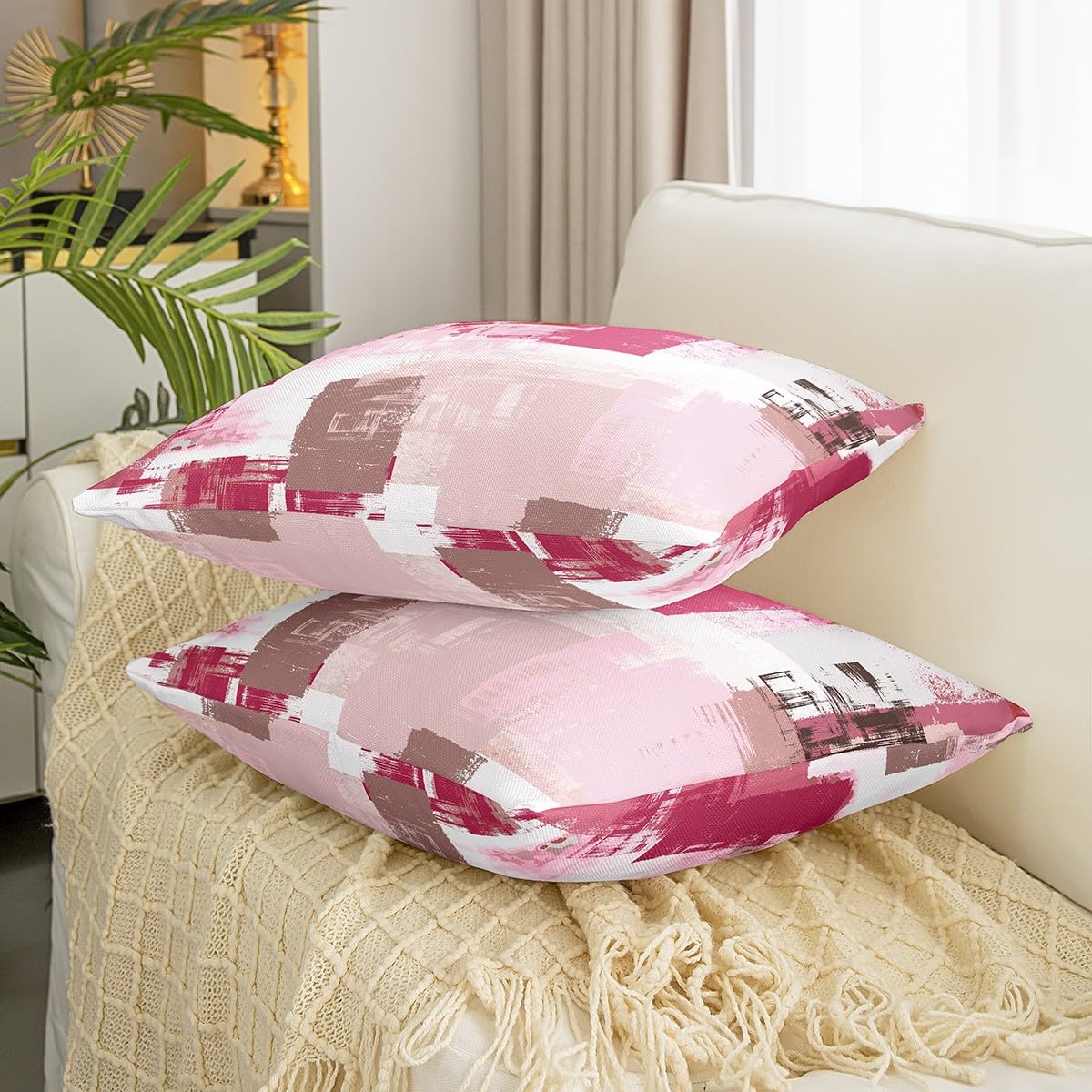 Swono Federa Cuscino Quadrata 45x45 Cm – Motivo Marmo Rosa, In Cotone E Lino Con Cerniera