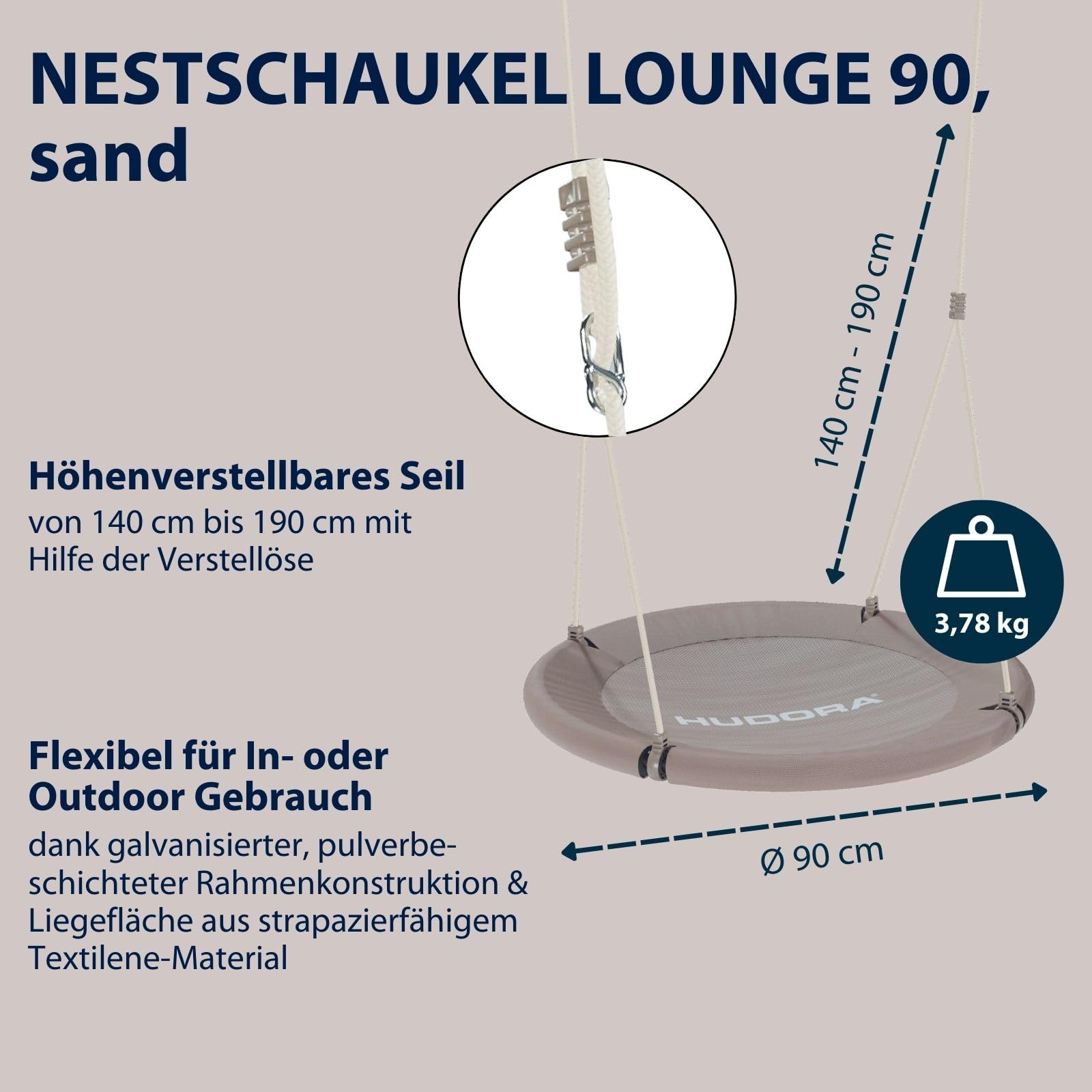 HUDORA Nestschaukel Lounge 90cm 150kg Höhenverstellbare Hängeschaukel geschlossener Sitzfläche