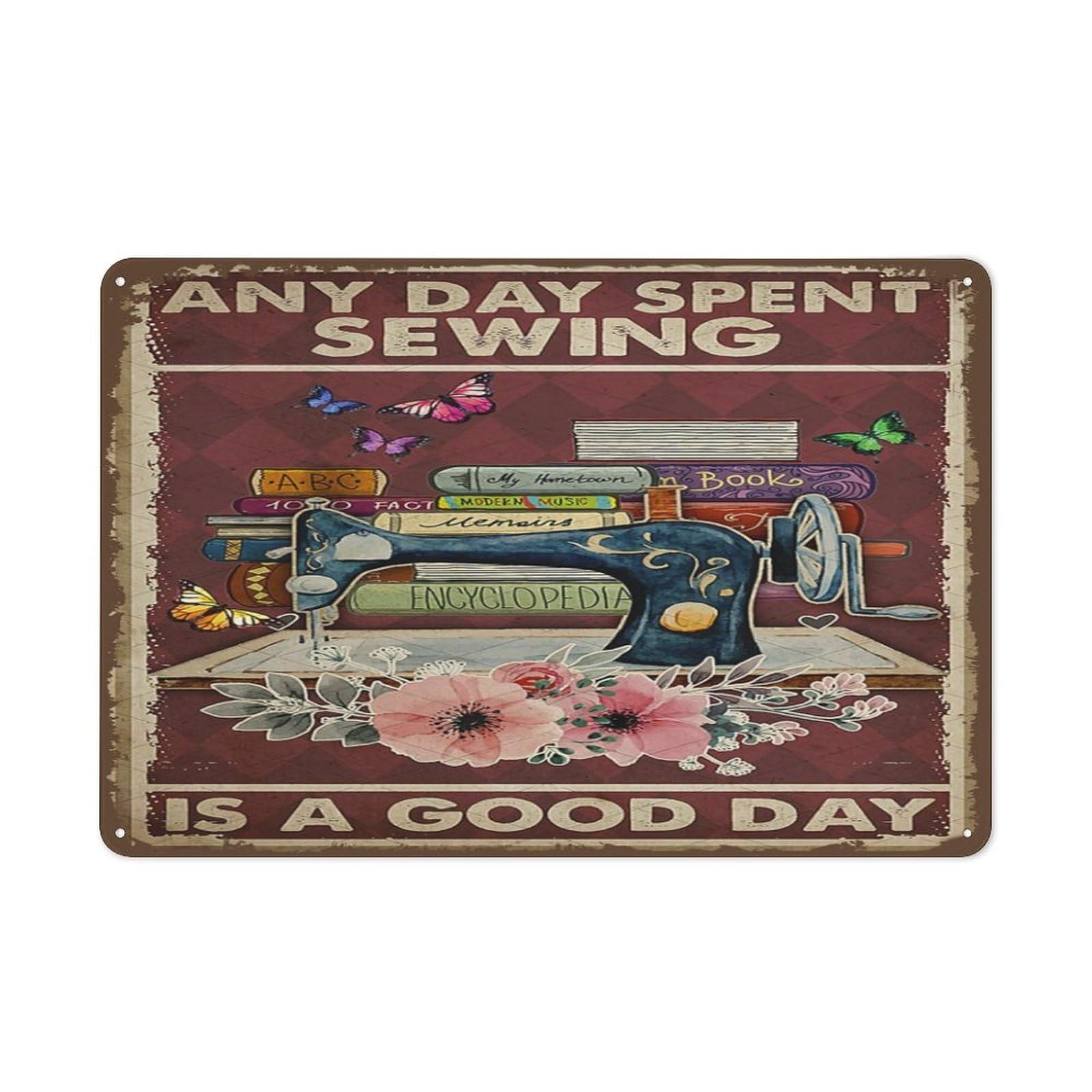 peiyeety Any Day Spent Sewing is A Good Dayvintage Sewing Patterns Sewing Patterns,Sewing Room Signs,Ewing Room Decor,Sewing Templates,Purpel Butterfly Flower Wall Decor Vintage Metal Tin Sign 8"x12"
