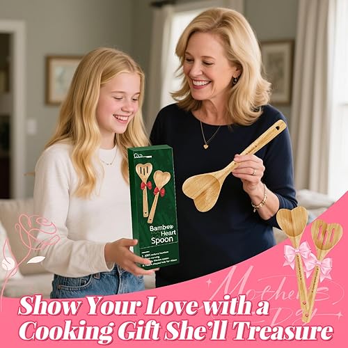 Vista 5 de Cuchara de bambú en forma de corazón para cocinar, cocina de madera con cuchara de amor, utensilios de cocina, regalos del día de la madre de San