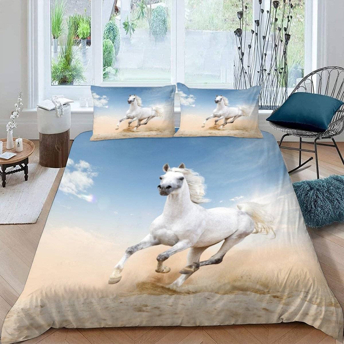 RFFLUX 3D Horse Single Duvet Cover Set 3 Pieces 135x200 Soft Microfiber Gallop Horse Quilt Cover with Zipper Closure Easy Care Bedding Set with 2 Pillowcase for Kids Boys Girls Teens