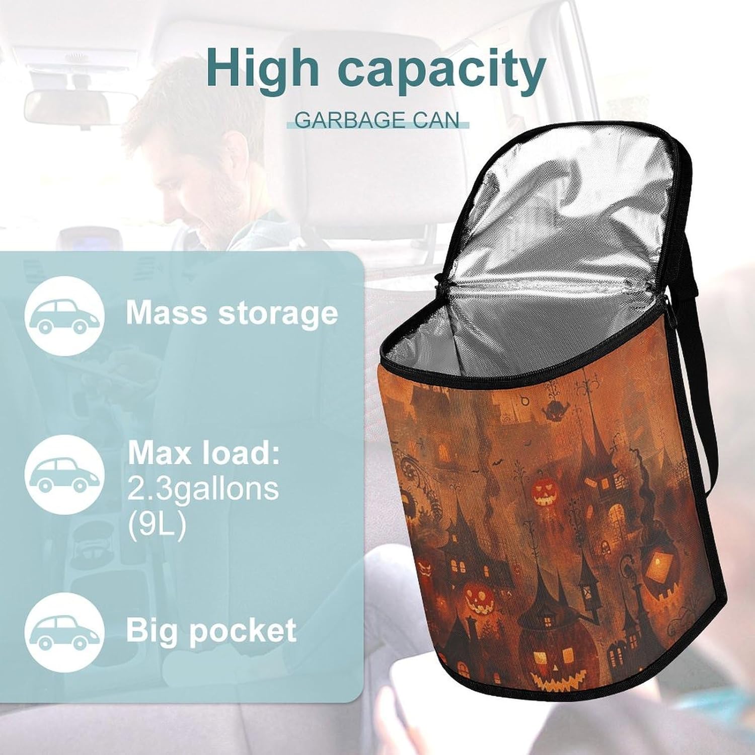 MUSM Leakproof Car Trash Can 2.5 Gallon, Durable Automotive Garbage Bag with Waterproof Liner, House and Pumpkin Trash Bag for Car, Truck, RV & Bathroom