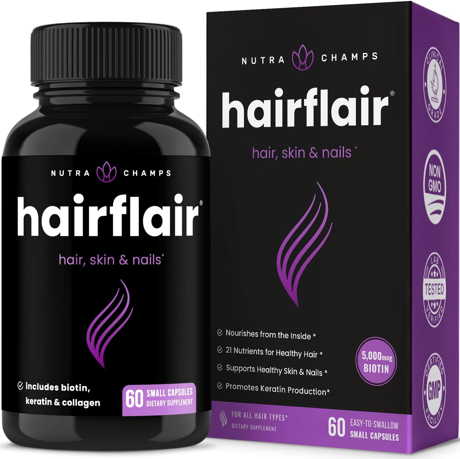 HairFlair - Hair Growth Vitamins with Biotin for Longer, Stronger, Healthier Hair - Hair, Skin and Nails Supplement - for All Hair Types - Premium Formula with Keratin, Collagen, Bamboo, Aloe & More!