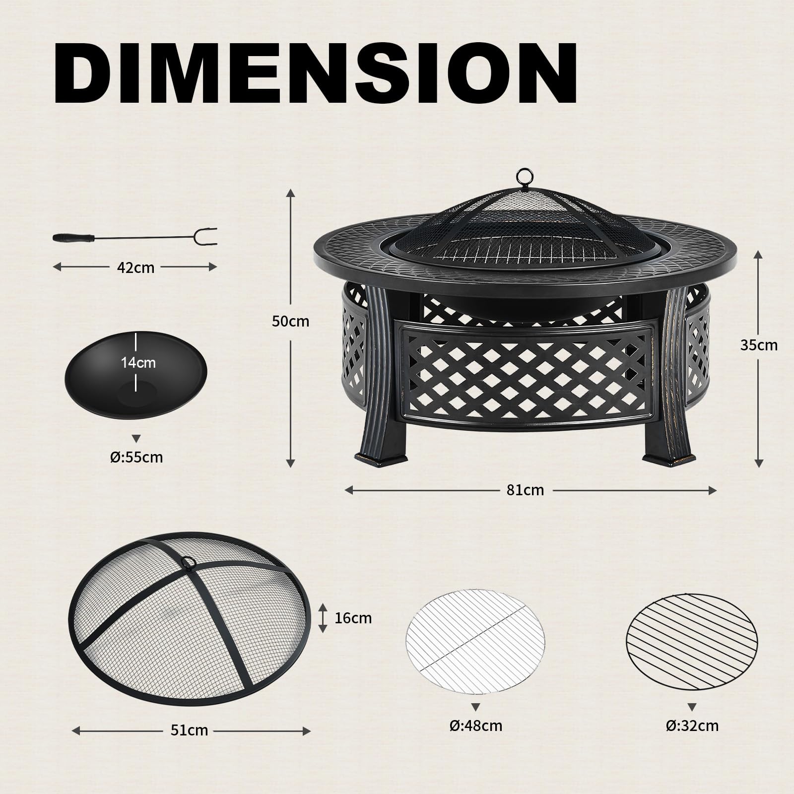 KOMFOTTEU Braciere da esterno con coperchio di sicurezza, Braciere da barbecue 3 in 1 con copertura impermeabile, per giardino, campeggio, picnic, φ81 x 50 cm (H), nero