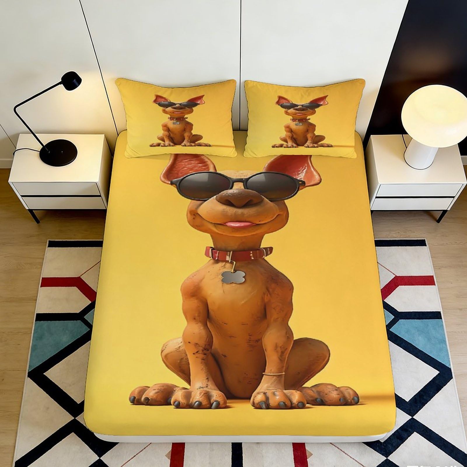 3D Printed Cool Dog Yellow Fitted Sheet Microfiber Soft Breathable Sunglasses Dog Bed Cover for Bedroom Dormitory Guest Room Mattress Protection 160x200x25cm