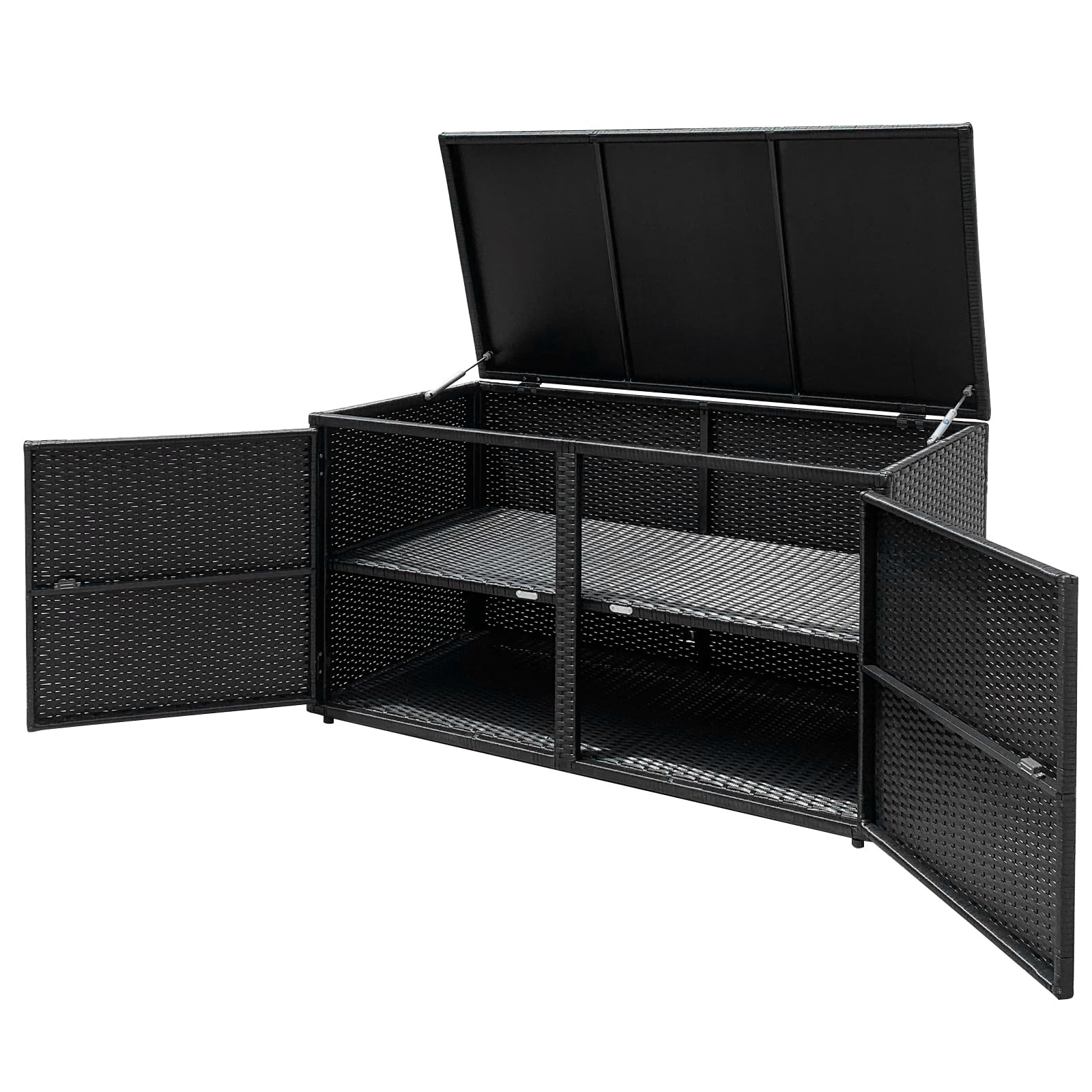 HOMASIS Baule da Esterno in PE Rattan, Cassapanca Contenitore a 2 Livelli, Panca Contenitore da Esterno Multiuso, 115 x 60 x 65 cm (Nero)