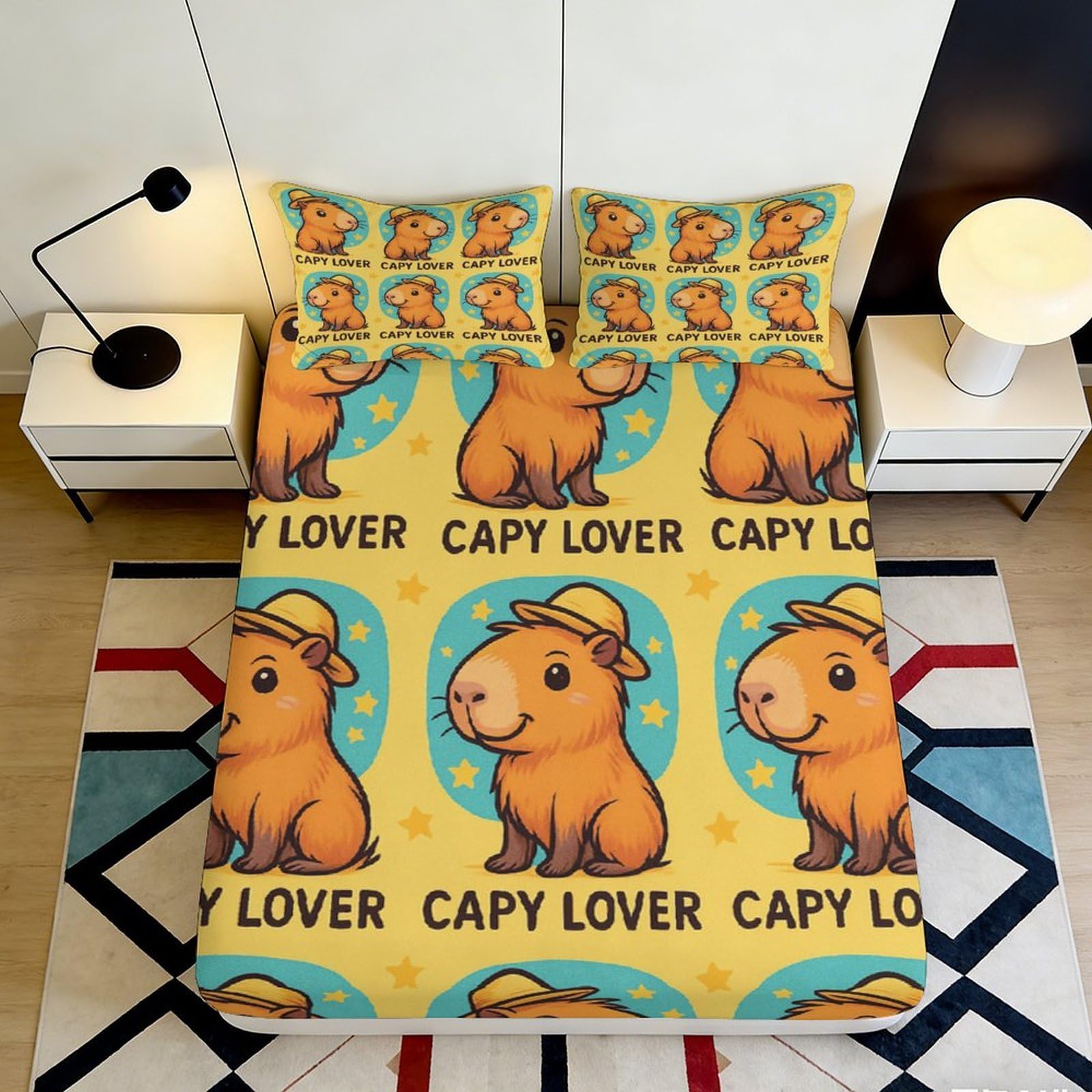 3D Printed Capybara Pattern Fitted Sheet Microfiber Soft Breathable Animal Cartoon Bed Cover for Bedroom Dormitory Guest Room Mattress Protection 180x200x25cm