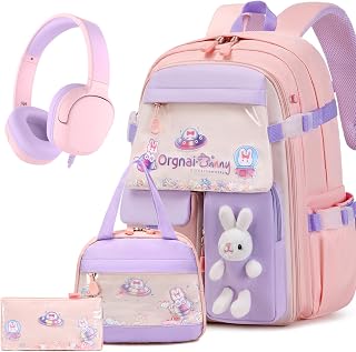 FIXITOK Girls Backpack Set, 4PCS Kids Backpack for Girls with Kids Headphones, Kawaii Bunny School Backpacks for Girl Kindergarten Elementary Preschool Middle School Bags with Lunch Box Pencil Case