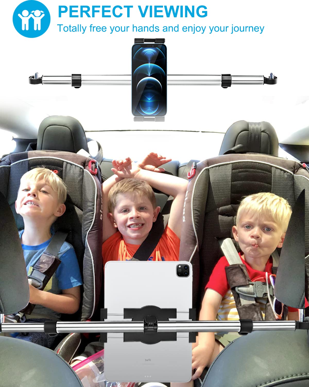 Support de tablette pour appui-tête de voiture – [Anti-secousses et extensible] Support de tablette pour siège arrière de voiture entre enfants, pour appareil de 4,7 à 13 pouces comme l'iPad