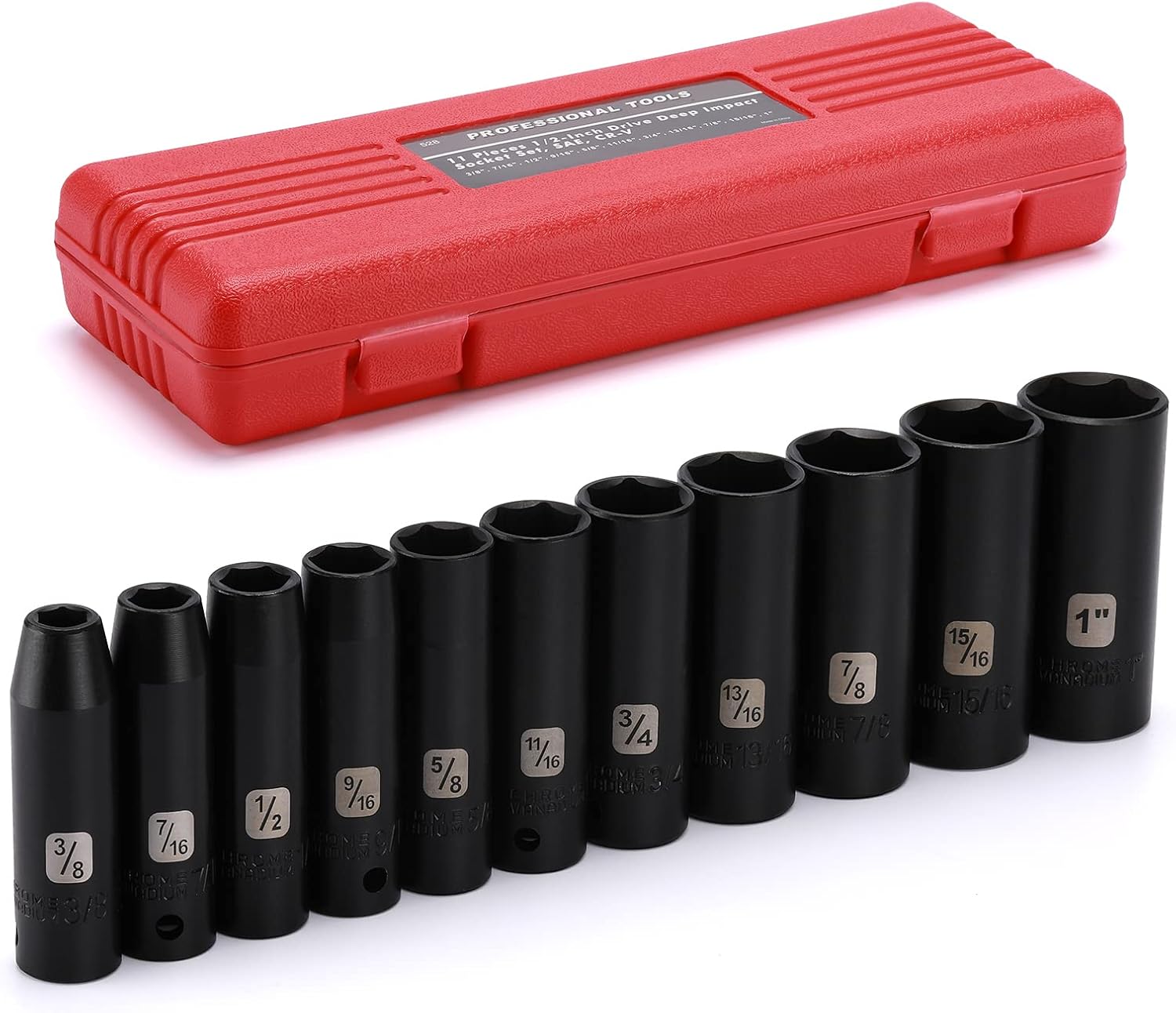 EMENTOL 11PCS 1/2" Drive Deep Impact Socket Set, 6-Point, CR-V, 11 Pieces 1/2-Inch SAE Sockets, 3/8 Inch - 1 Inch