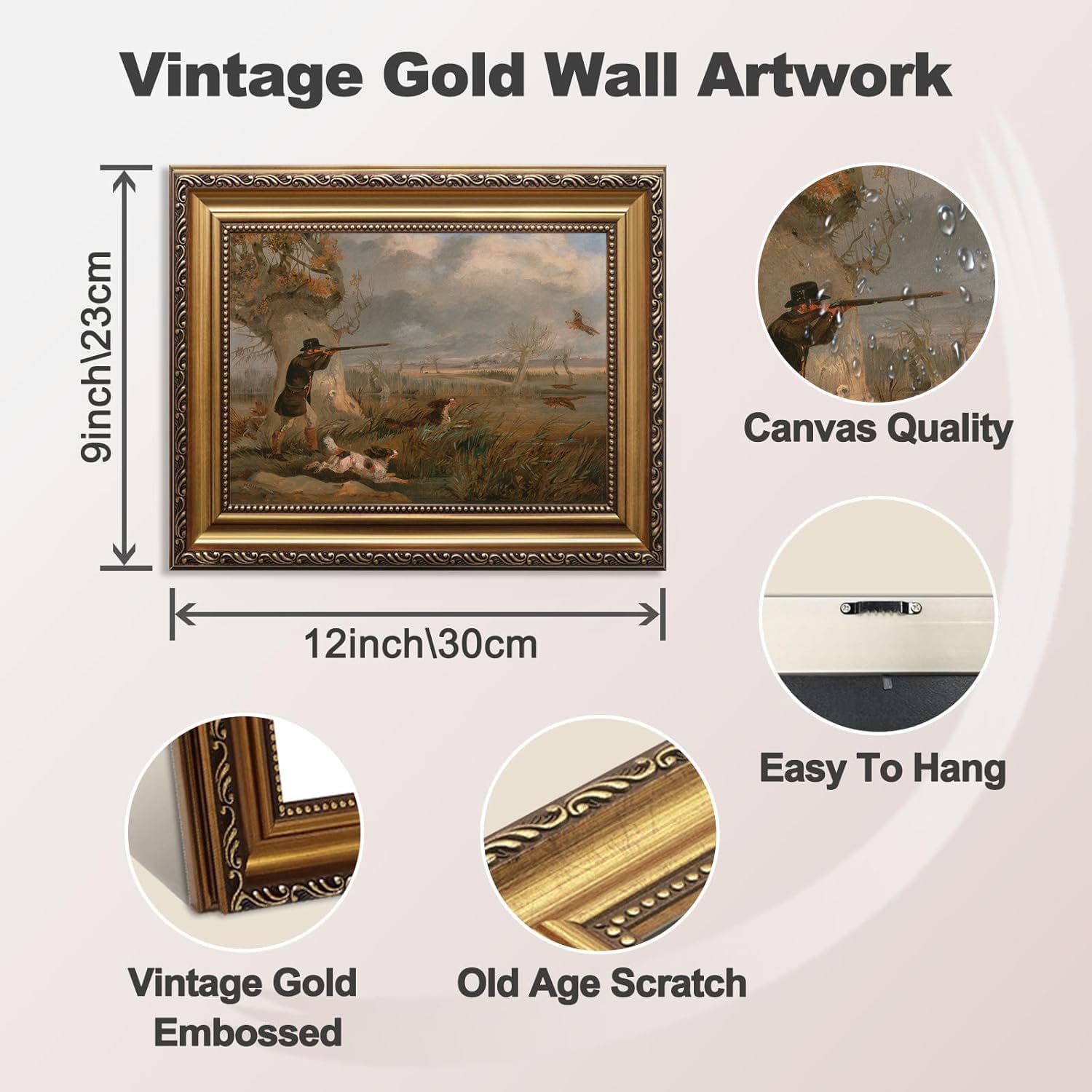 Vintage Framed Wall Art, Hunter And Dog Hunting Canvas Decor, Wildlife Hunter Scene, Classical Fall Countryside Hunting Oil Painting for Living Room Study Office 9x12 Inch
