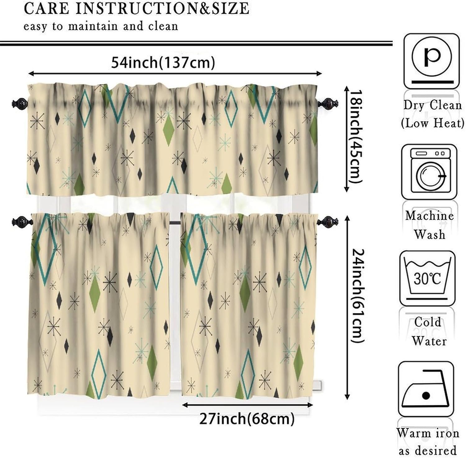 Mid Century Kitchen Valance Curtains,Abstract Geometric Mid Century Retro Modern Print Window Treatments for Kitchen Living Room Bathroom 54''x18''+27''x24''x2（3 Piece）