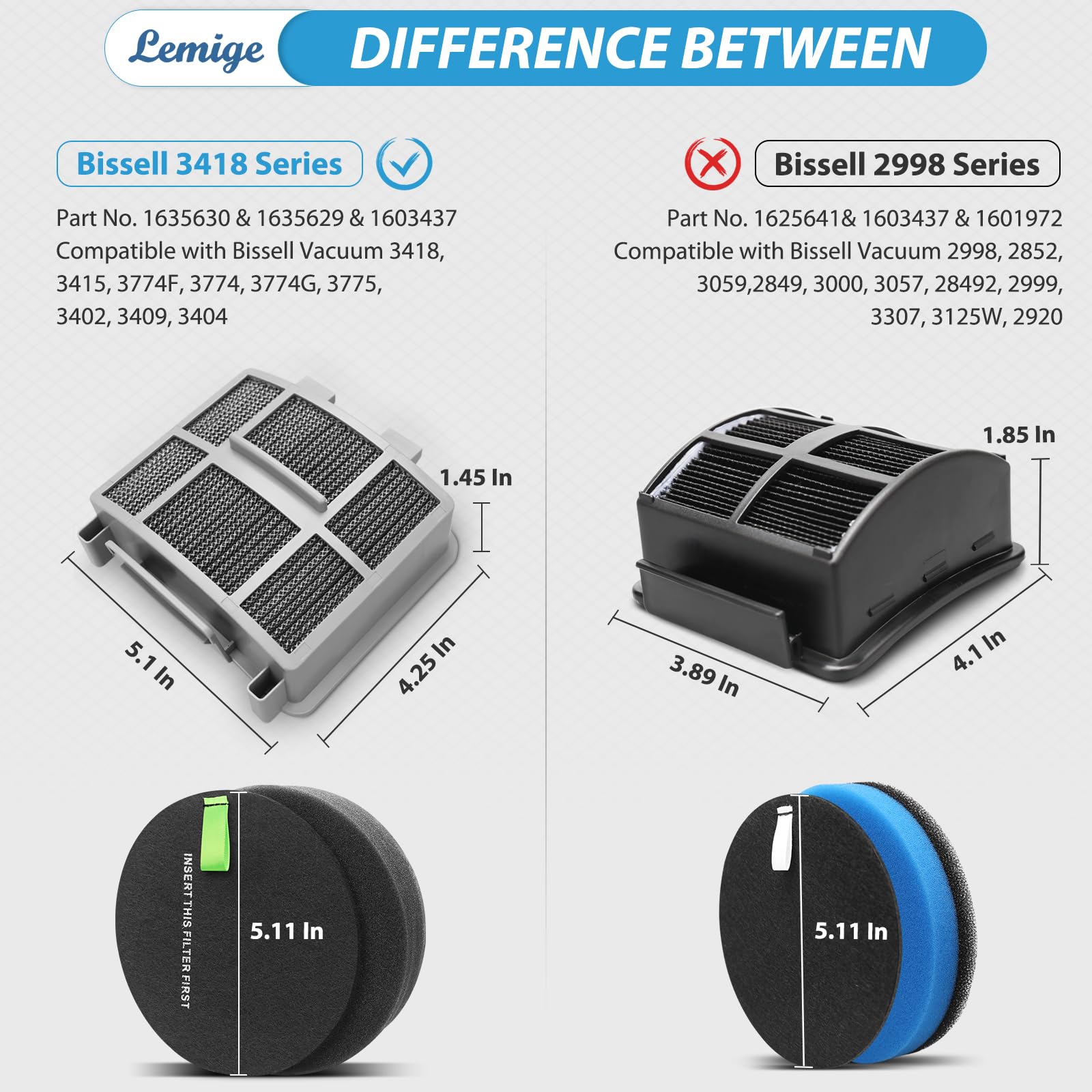 Lemige 3418 3402 3774F Filter for Bissell SurfaceSense 3418 3415 Pet Hair Eraser 3774F 3774 3774G 3775 MultiClean 3402 3409 PowerLifte 3404 Vacuum Cleaners, 1635630&1635629 (3418-2+4)