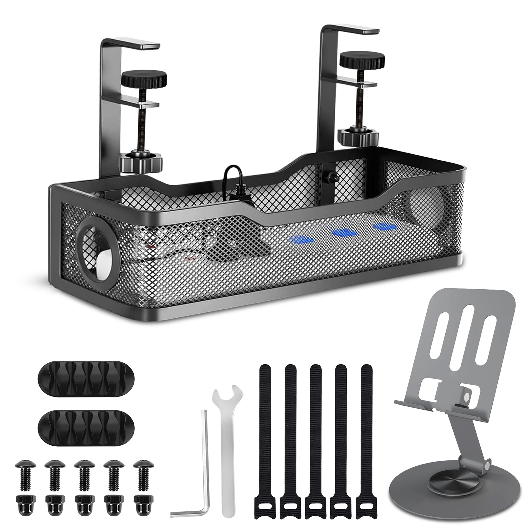 MOREBLUE® Metal Under Desk Cable Tray with Adjustable Clamp & Mobile Stand, Wire Rack for Power Cord, Extension Board & Cable, Includes Cable Holder, Velcro Strips, Screws & Allen Key