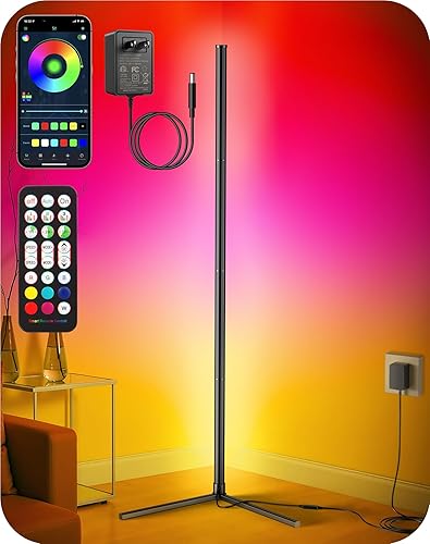 RIYO Corner Floor Lamp, Modern LED Corner Lamp with AC Adapter & APP & Remote Control, 16 Million Colors, 68+ Scene Modes, Music Sync, Ambient Lighting for Living Room, Bedroom, and Gaming Room - AC-1Pack