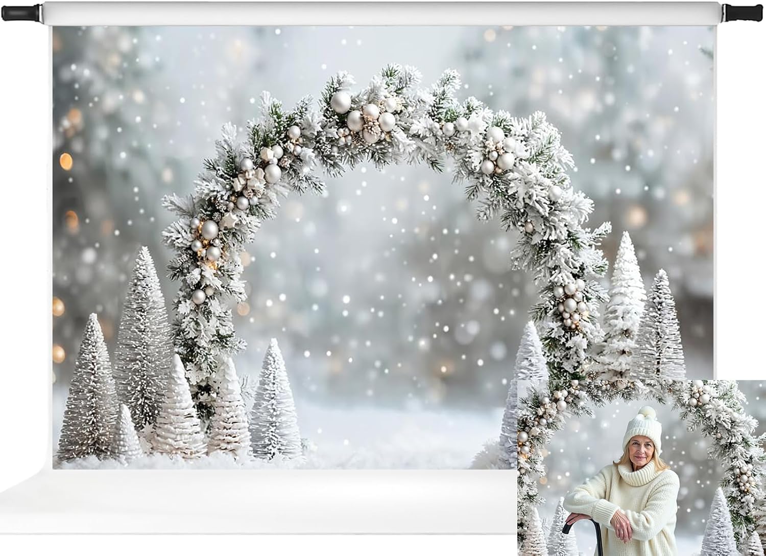 Kate Arch Christmas Backdrop Winter Outdoor Snowy Scene Boheh Children Christmas Photo Backdrops, 10x6.5ft