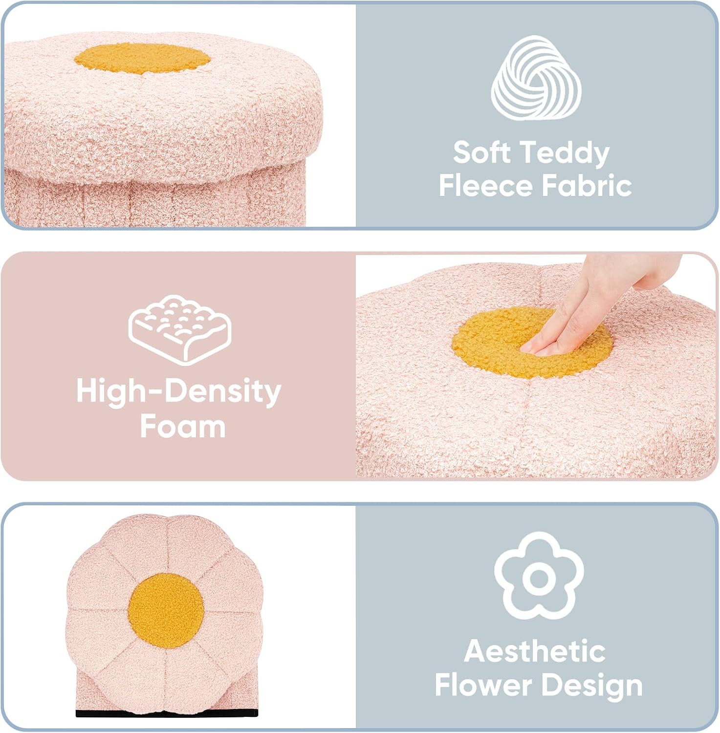 Flower Boucle Storage Ottoman, 12.6" Small Footstool with Padded Seat, Folding Sherpa Foot Rest for Sofa, Floral Accent Side Table for Living Room, Bedroom, Dorm, Pink