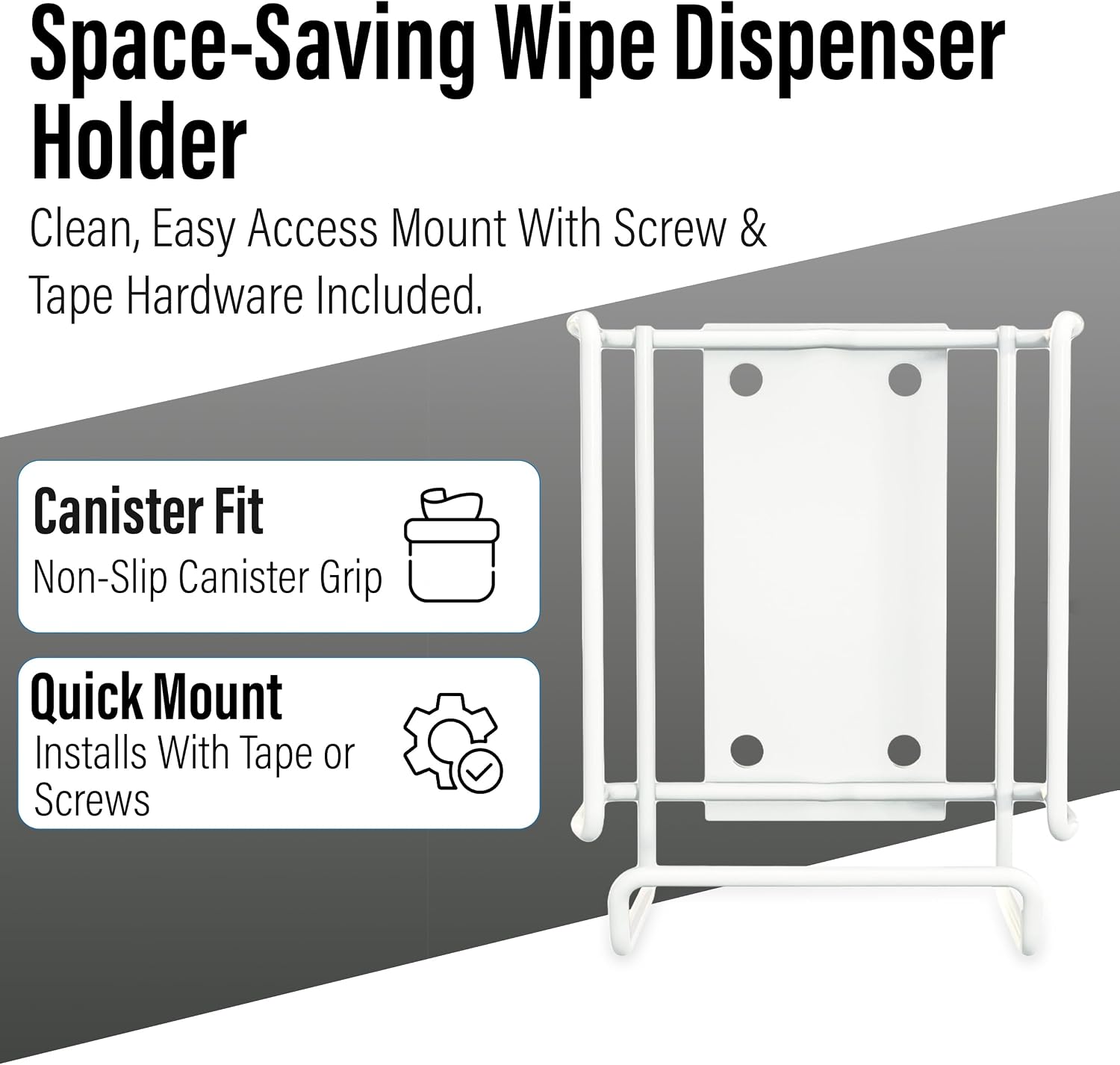 WIPESPLUS Wall Bracket Wipes Canister Holder with Screw and Tape Mounting Hardware for Supermarkets, Retail, and Business, 6.5 Inches, White