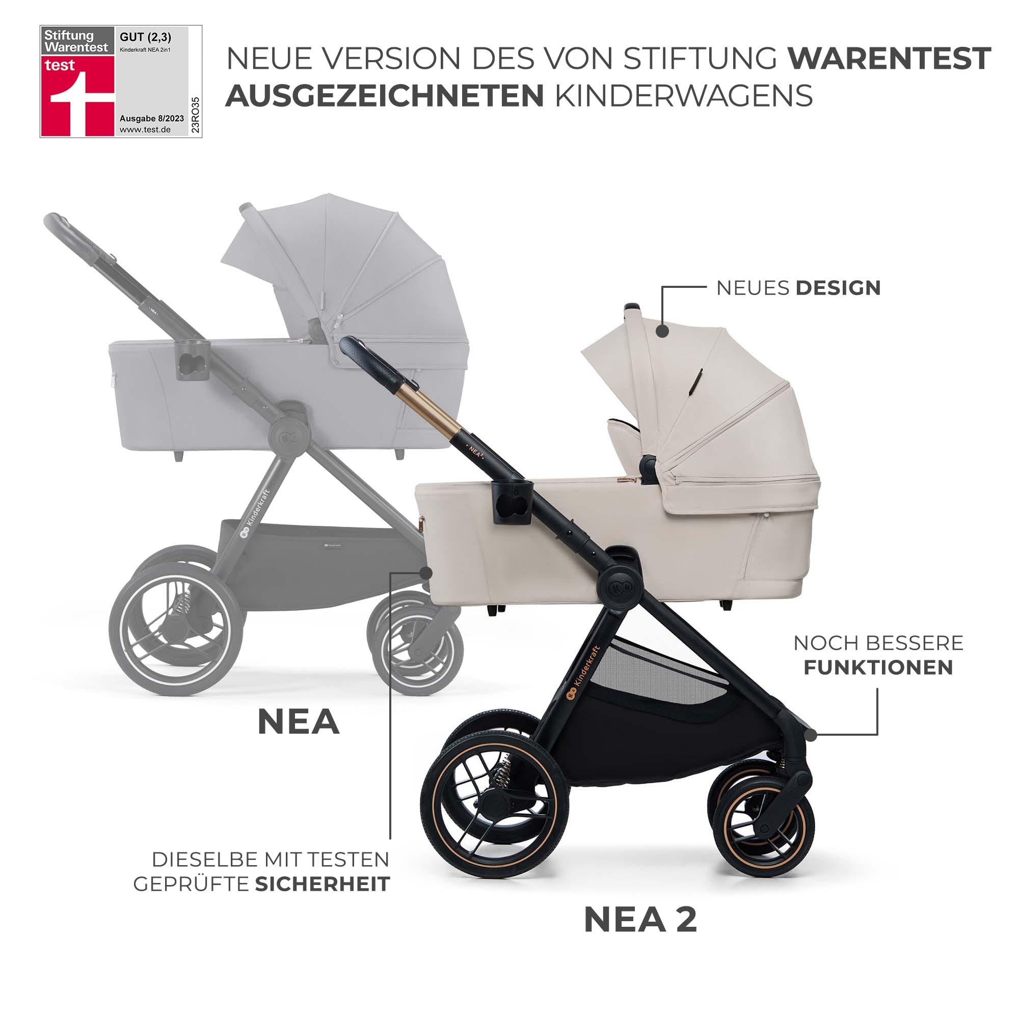 Kinderkraft NEA 2 Kinderkraft buggy von Geburt bis 22 kg, Zusammenklappen mit einer Hand, Liegeposition, großes Verdeck, alle 4 Räder gedämpft, extrem leicht, UPF50+, Korb bis zu 5 kg, Beige