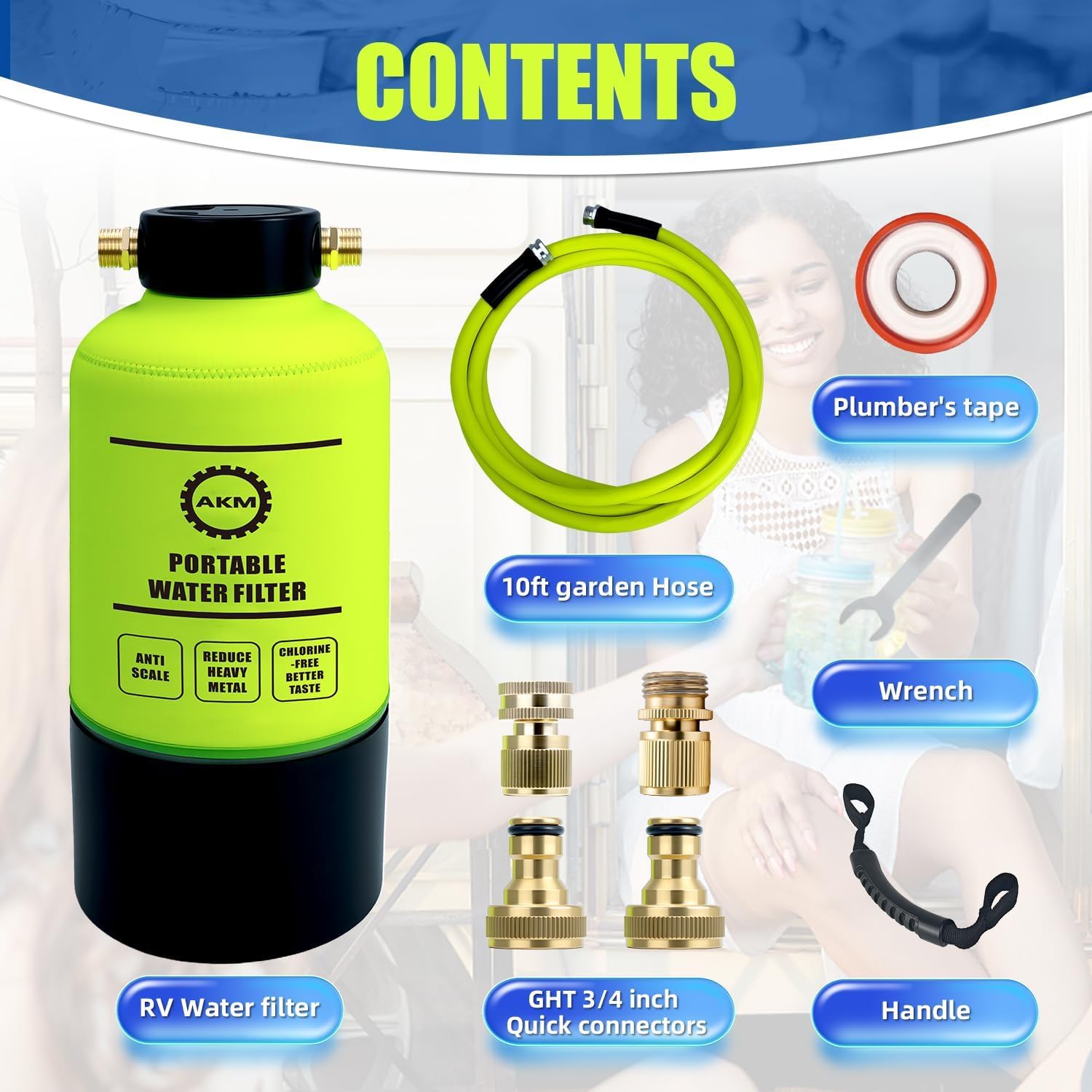 AKM RV Water Filtration System, Anti-Scale, KDF GAC Carbon Filters,3/4" GHT Brass Quick Connectors, Scale Inhibitor Filter, Reduce Chlorine, VOCs, Heavy Metals, Bad Taste, Odor