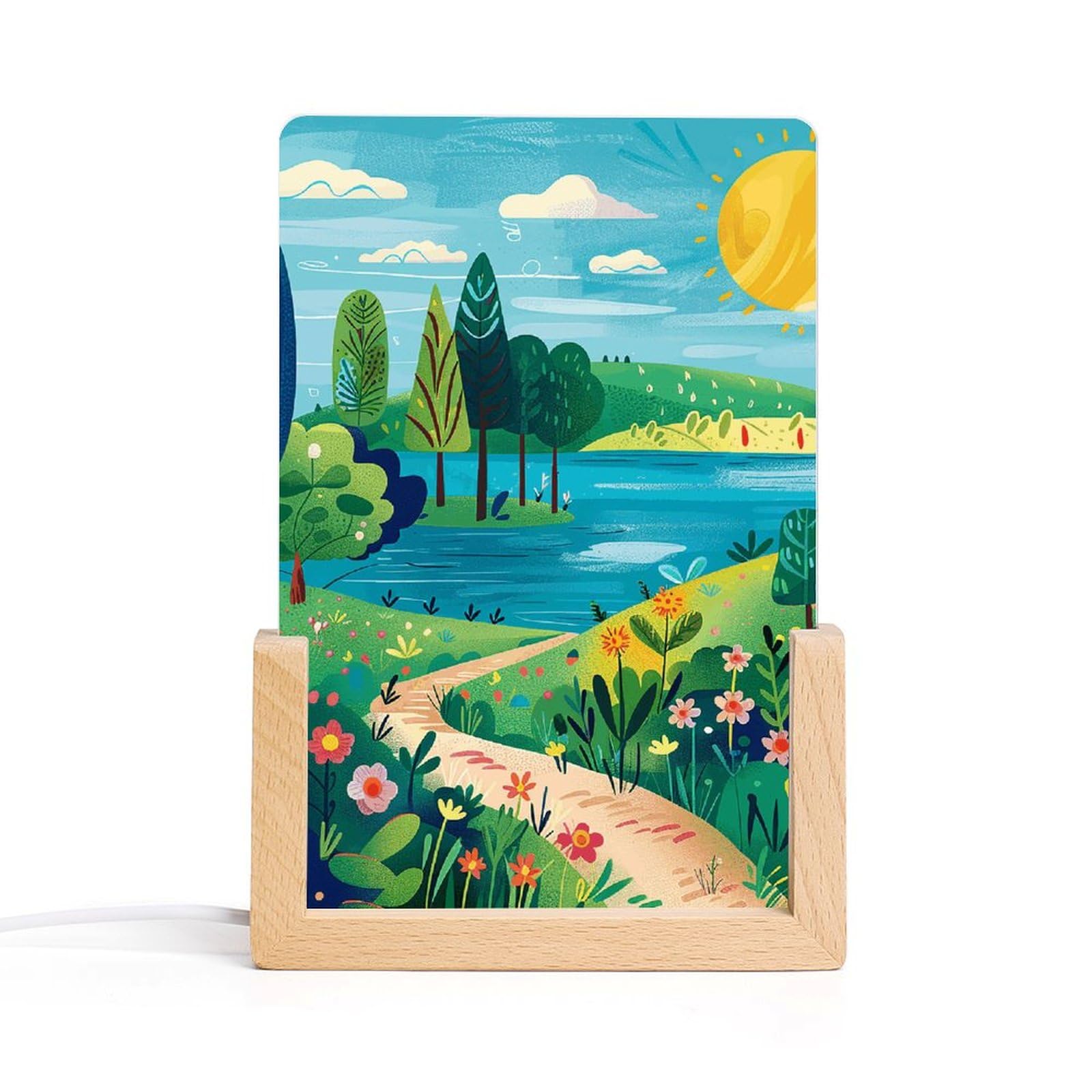 JTREHY Acrylic Night Light,Rural Landscape Painting Printed Wooden Base LED Night Light Modern Home Decoration Light with USB Switch Cable for Bar Cafe Bedroom Room Decoration