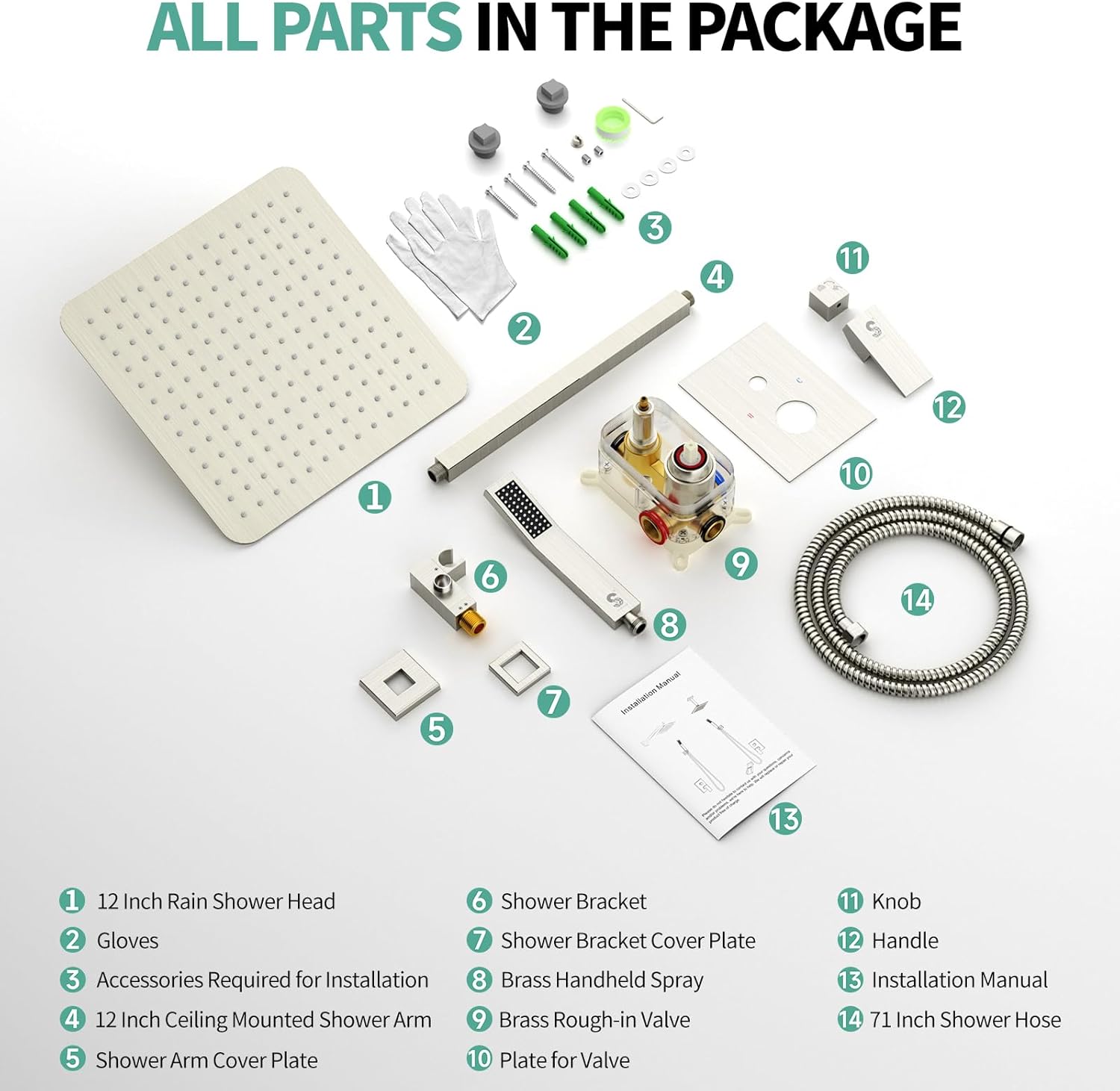 SR SUN RISE 12 Inch Ceiling Mount Brushed Nickel Shower System Bathroom Luxury Rain Mixer Shower Combo Set Ceiling Rainfall Shower Head System Faucet Trim Repair Kits with Rough-in Valve and Trim - Image 7