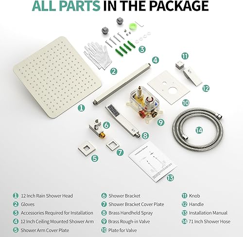 Miniatura 121 de SR SUN RISE Sistema de ducha montado en el techo de 12 pulgadas, mezclador de lluvia, sistema de cabezal de ducha de lluvia, dorado cepillado, Oro