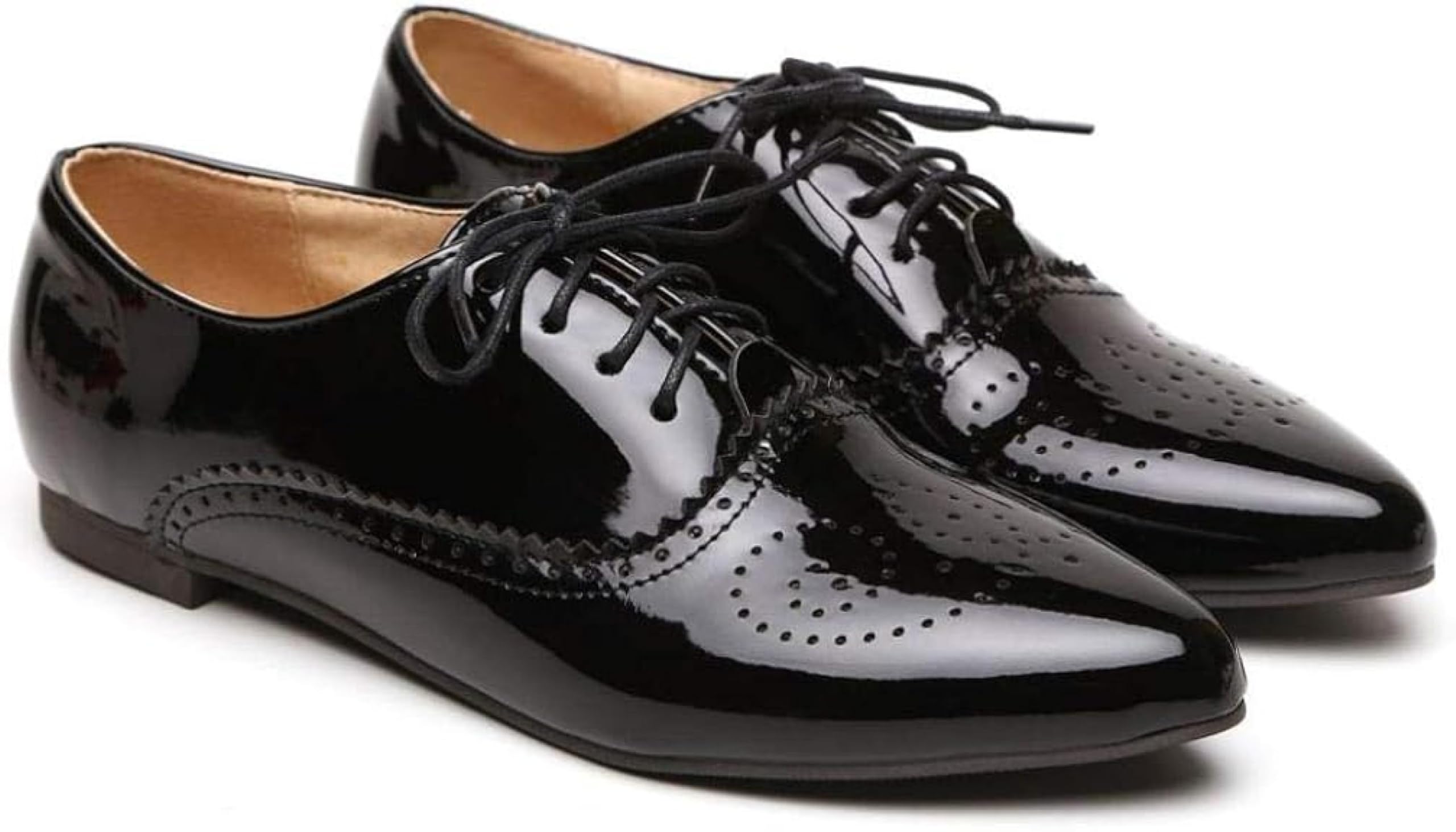 Womens Flat Wing Brogues Patent Leather Casual Lace up Pointed Dress Oxford Shoes
