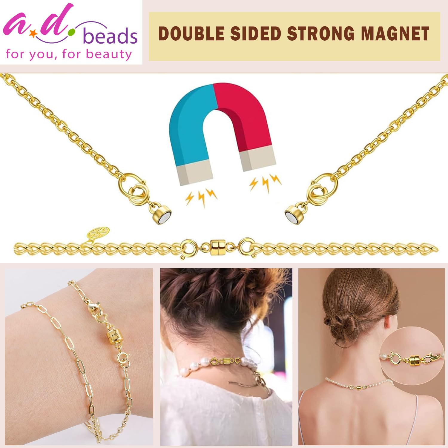 AD Beads Magnetische Schmuckverschlüsse: Doppelt, 14K Gold & Silber, Mit Biegeringen, Für Armbänder & Halsketten