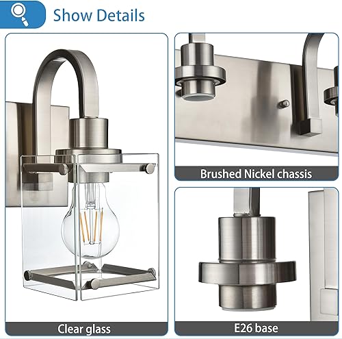 Miniatura 7 de Lámparas de tocador de baño de 3 luces, modernas luces de tocador con pantalla de vidrio transparente, lámpara de pared de níquel cepillado para