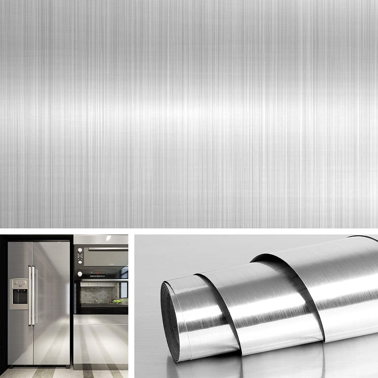 bpa Brushed Nickel Vinyl Peel and Stick Wallpaper Decorative Stainless Steel Wall Paper for Countertops Kitchen Cabinets Appliances Dishwasher Fridge Refrigerator Stove Covers 15.8x78.8 Inch