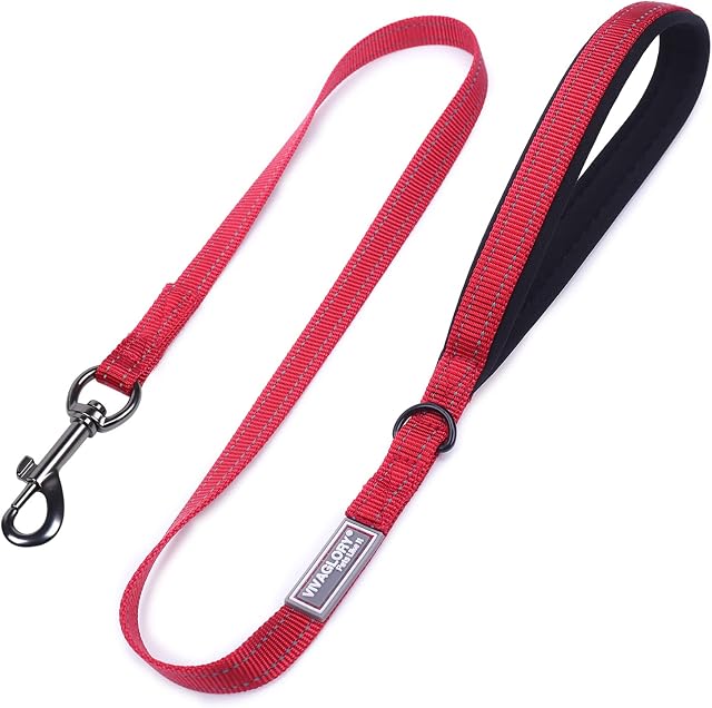 Vivaglory Dog Lead with Padded Handle, Heavy Duty Reflective 3ft Nylon Short Dog Lead Training Walking Leash for Small & Medium Dogs, Red