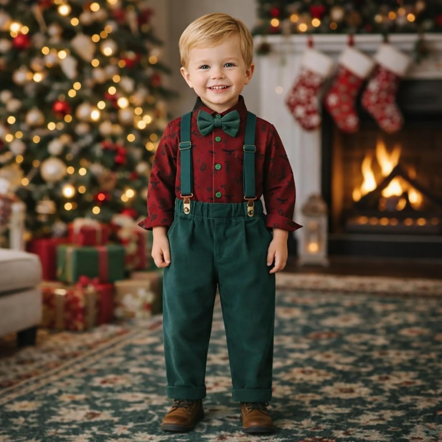 Baby Boy Christmas Outfit Toddlers Xmas 4PCS Bow-tie Shirt and Suspender Pants Gentleman Set - Image 2