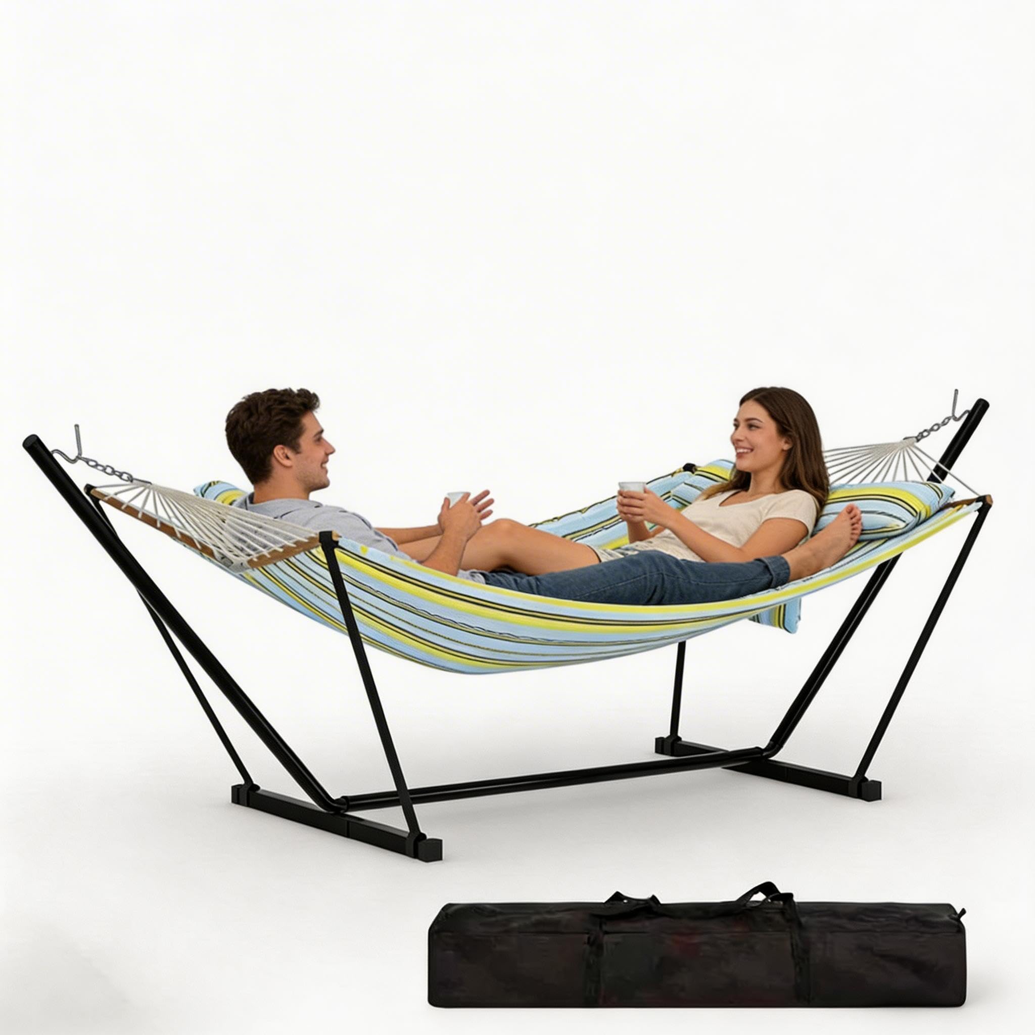 GarveeLife Double Hammock with stand,Including Carrying Bag&Pillow,2 Persons, 450lbs, Easy Assembly,for Indoor,Yard,Camping,Pool,or Outdoor-Light Blue Green Stripe