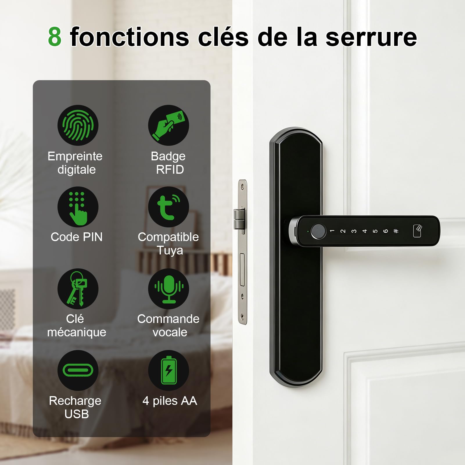 Serrure de porte intelligente à empreintes digitales, serrure de porte d'entrée biométrique sans clé avec application pour carte clavier sans fil TUYA, mot de passe pour chambre à coucher, hôtel