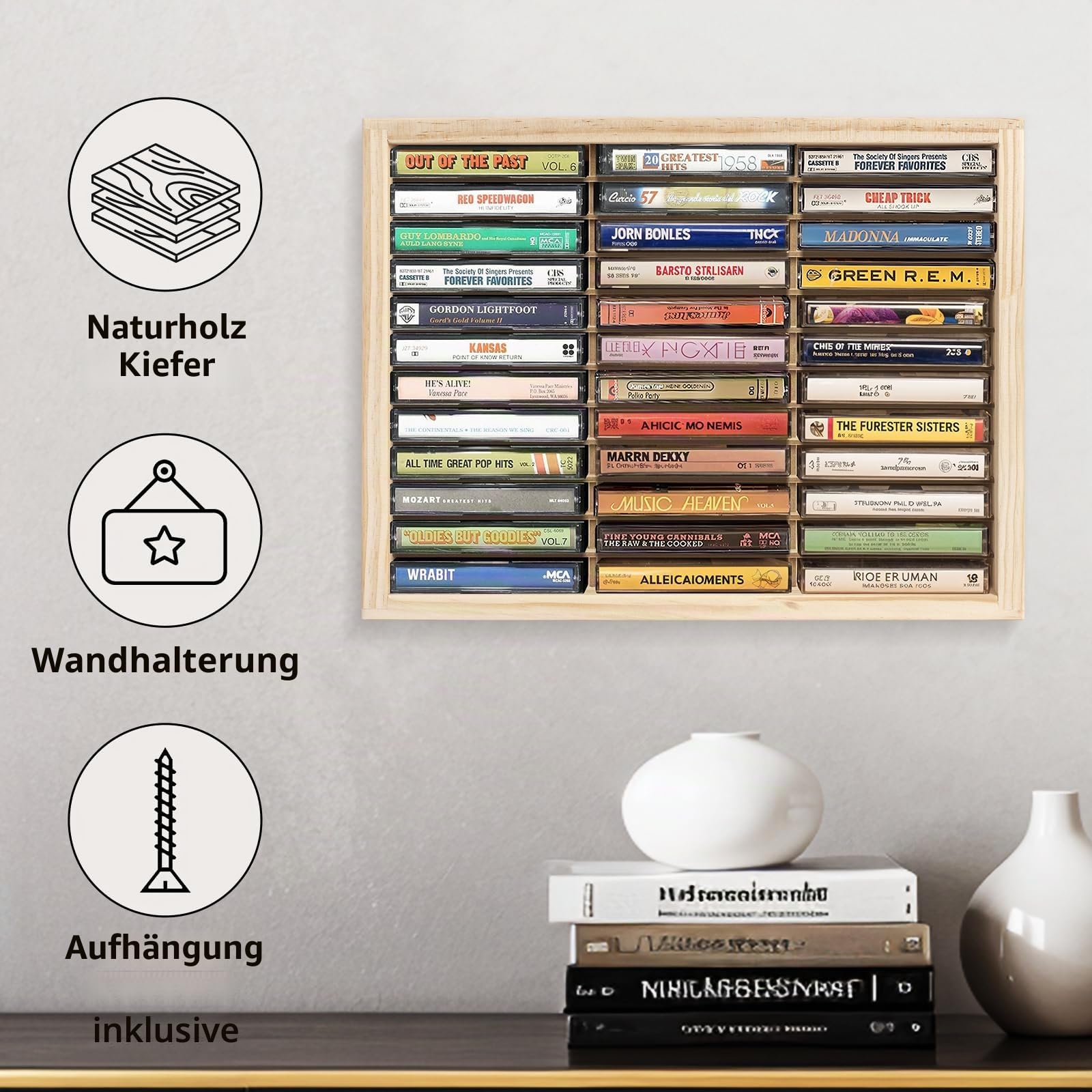 Kassetten-Aufbewahrungsregal, 36 Schlitze, Holz-Kassettenhalter, Wandhalterung oder freistehender Audio-Kassetten-Organizer, Spielkartenaufbewahrung, unlackiertes Kiefernholz