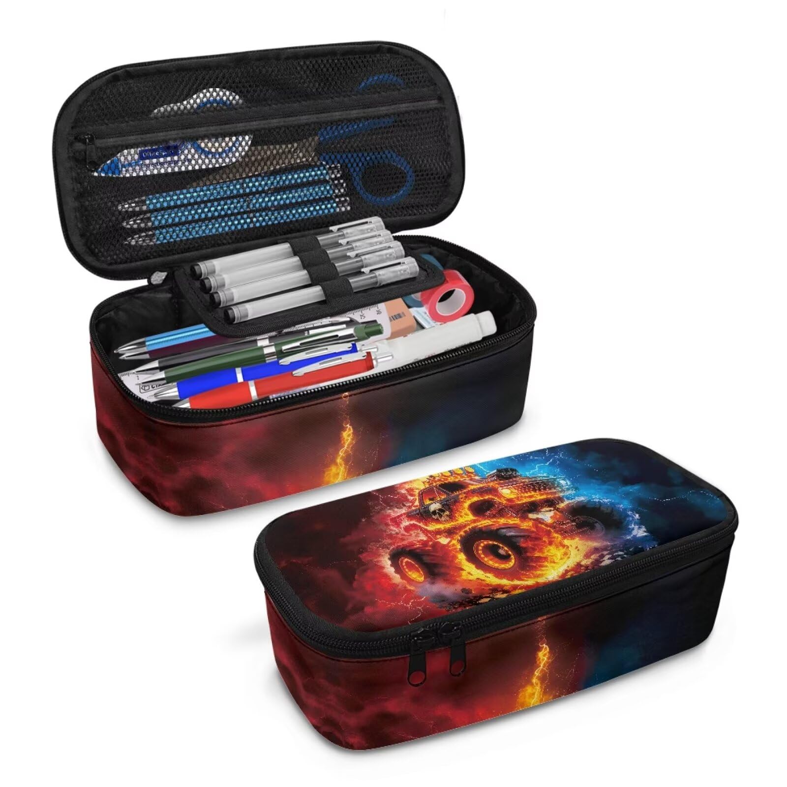 Fire Truck Print Pencil Case for Boys 6-8 Large Capacity Pencil Pouch for Kids Lightweight Portable Pen Bag with Mesh Pocket for School