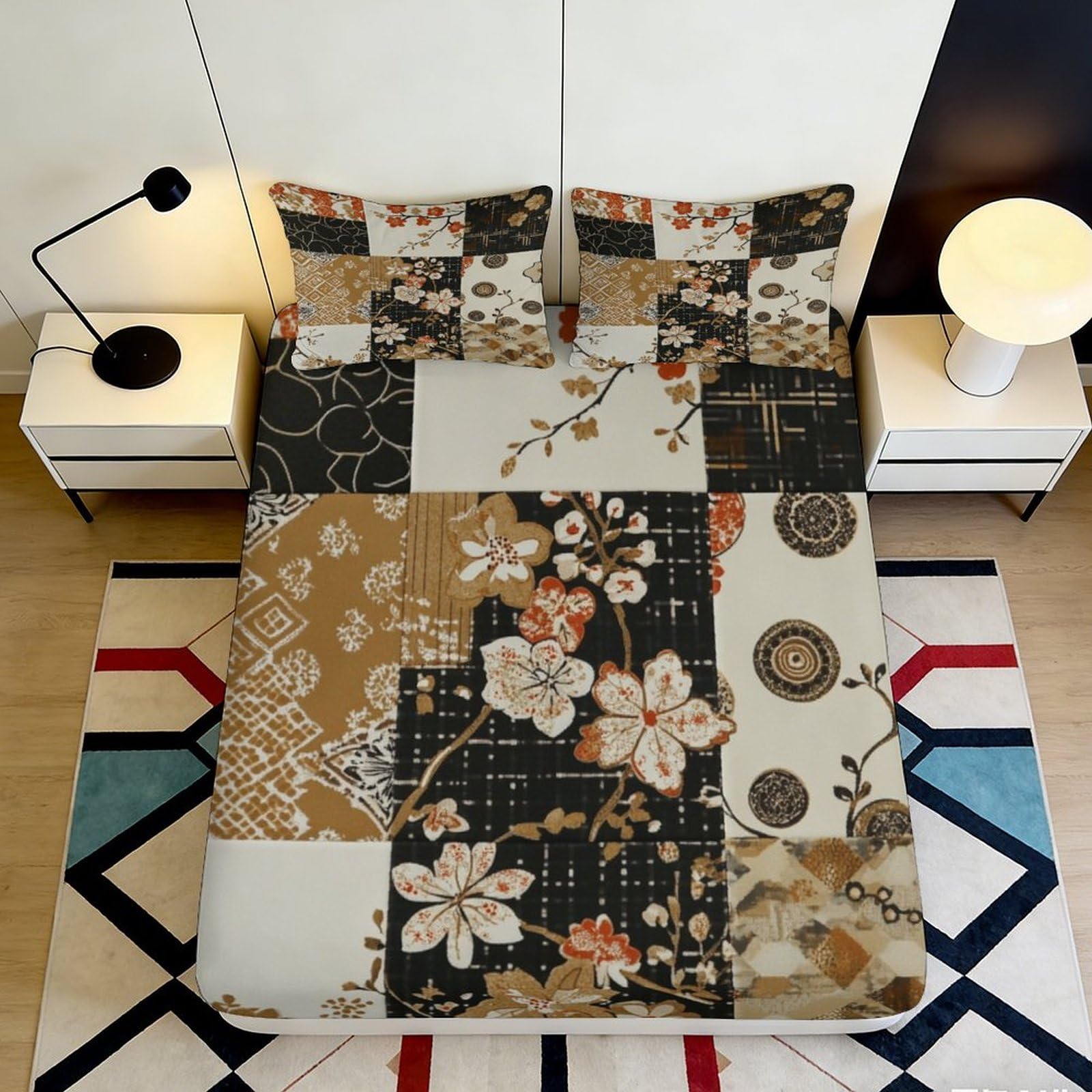 3D Printed Japanese Patchwork Fitted Sheet Microfiber Floral Geometric Mattress Cover for Bedroom Guest Room Decor 90x200x25cm