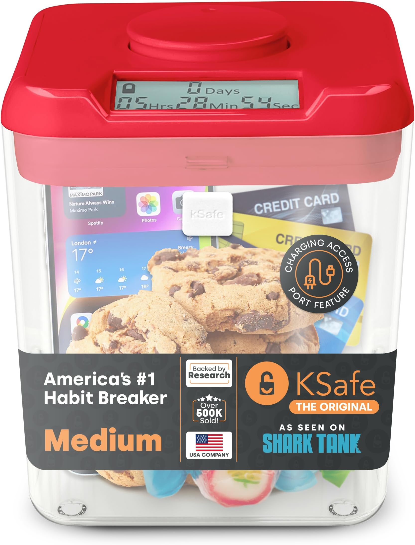 KSafe Phone Jail w/Timer - Timed Lock Box for Cell Phone, Snacks & Valuables - Kitchen Safe Time Locking Container for Habit Building & Self-Control (Medium, Red Lid + 5.5” Clear Base w/Access Port)