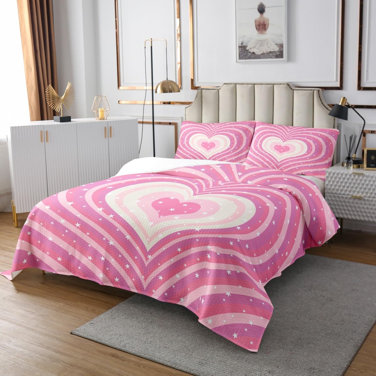 3 Piece Pink Retro Heart Pattern Quilt Bedding Set Women Aldult Lightweight Bedding Lovely Girly Bedspread Set Romantic Bedspread Coverlet Soft Microfiber Home Quilt Set for King Bed All Season