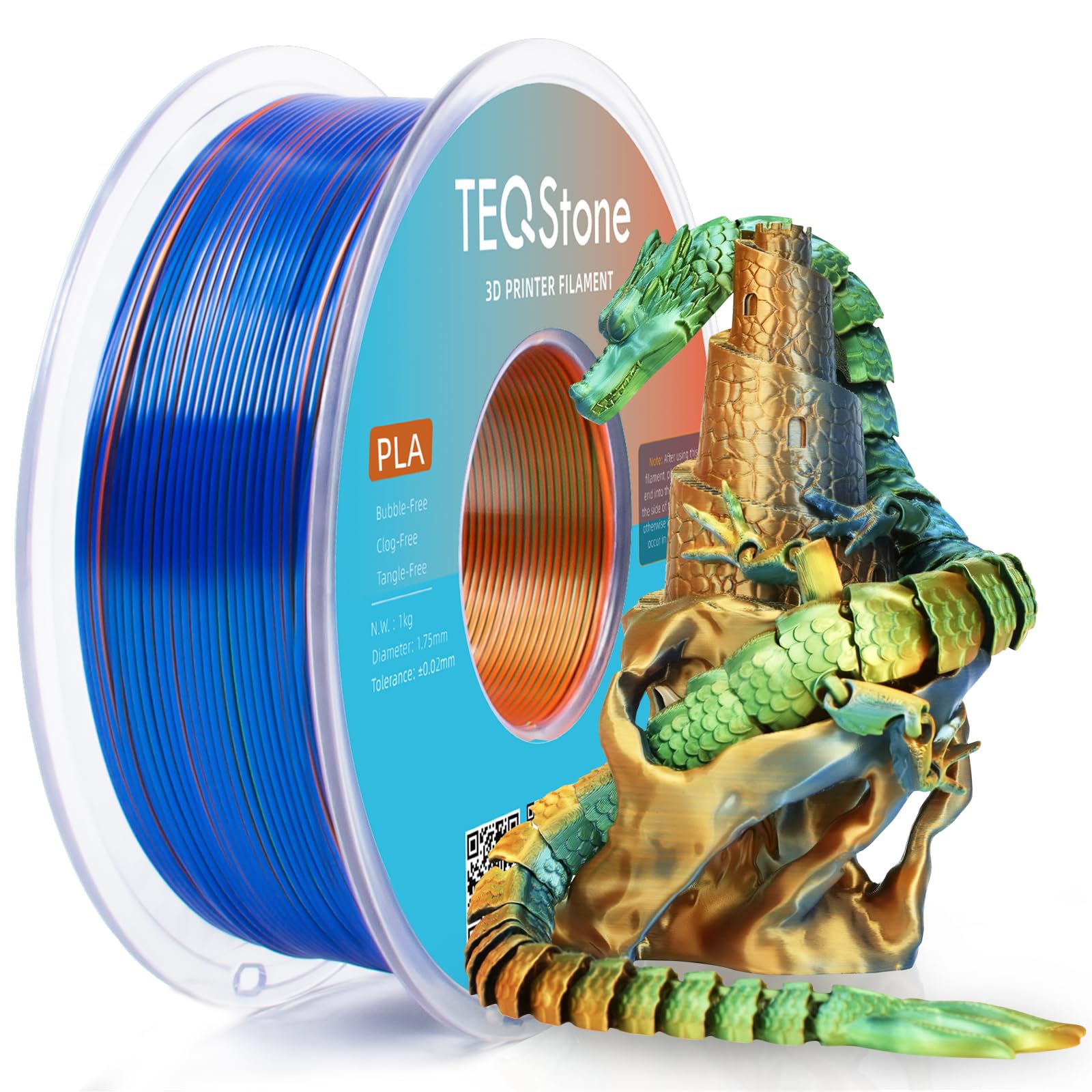 Tri Color Silk PLA Filament 1.75mm Orange Blue Green 1KG, Shiny High Gloss Finish, Seamless Color Transition, Neatly Wound, Accuracy +/-0.02mm Vacuum Packaging