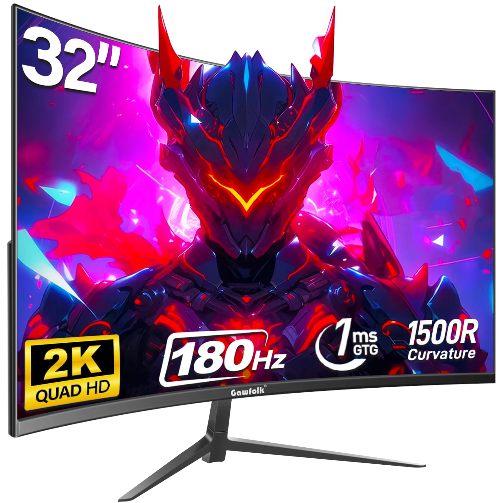Gawfolk 2K 180Hz Curved Monitor, 32 Inch QHD 2560x1440p Gaming Screen with FreeSync, Flicker-Free, 2X HDMI 2.0, DP 1.4, Ultra-Thin Frameless 1500R PC Monitor