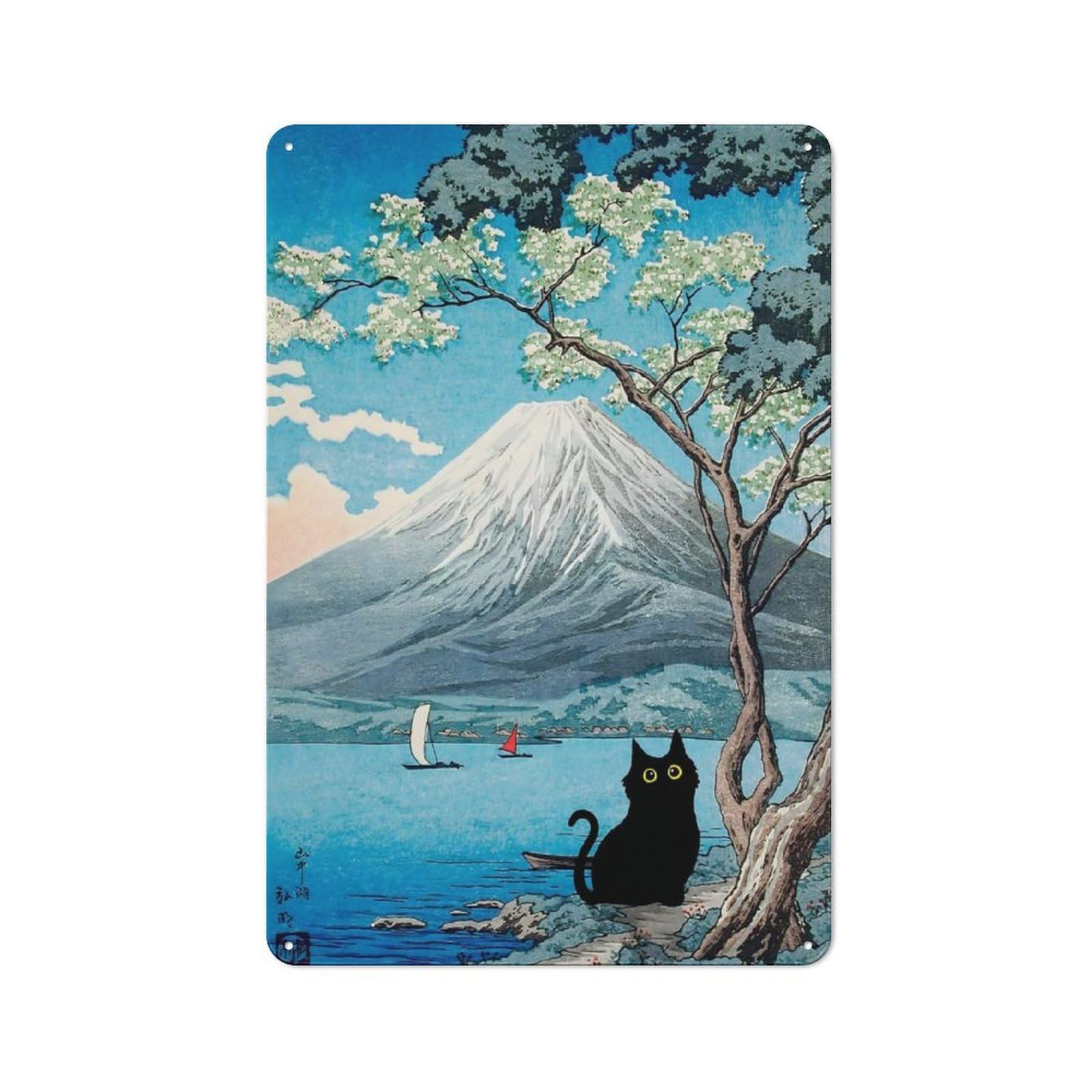 Junmoney Style-17 Metal Plaque 30X20cm With Mount Fuji From Lake For Pub Or Café, Vintage Decor, For Vintage Wall Decor Fans, For Metal Sign Collectors
