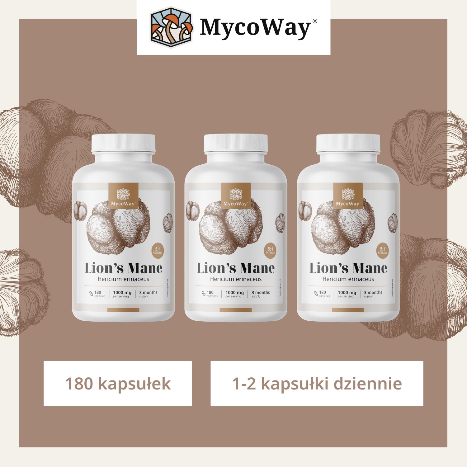 Soplówka jeżowata 1000 mg – Wyciąg 5:1 – Hericium Erinaceus – 180 kapsułek – Zapas na 3–6 miesięcy – Mądry grzyb – Pomaga w poprawie koncentracji i zdolności poznawczych – Witalność